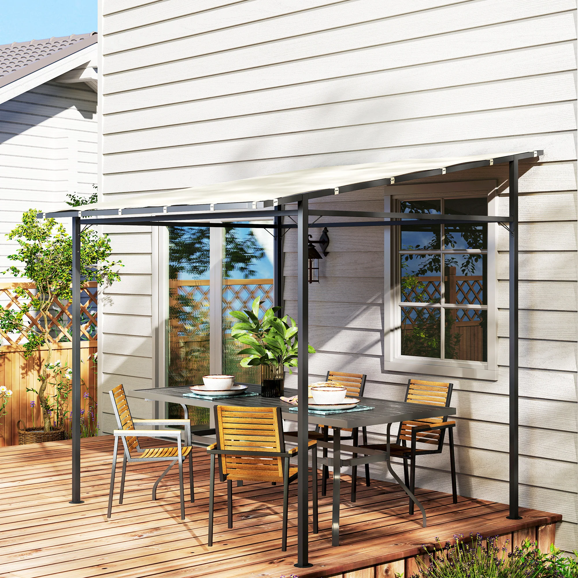 Outsunny Pérgola De Pared 2,4x2,4 M Con Techo Inclinado Protección Uv 30+ Crema - Image 5