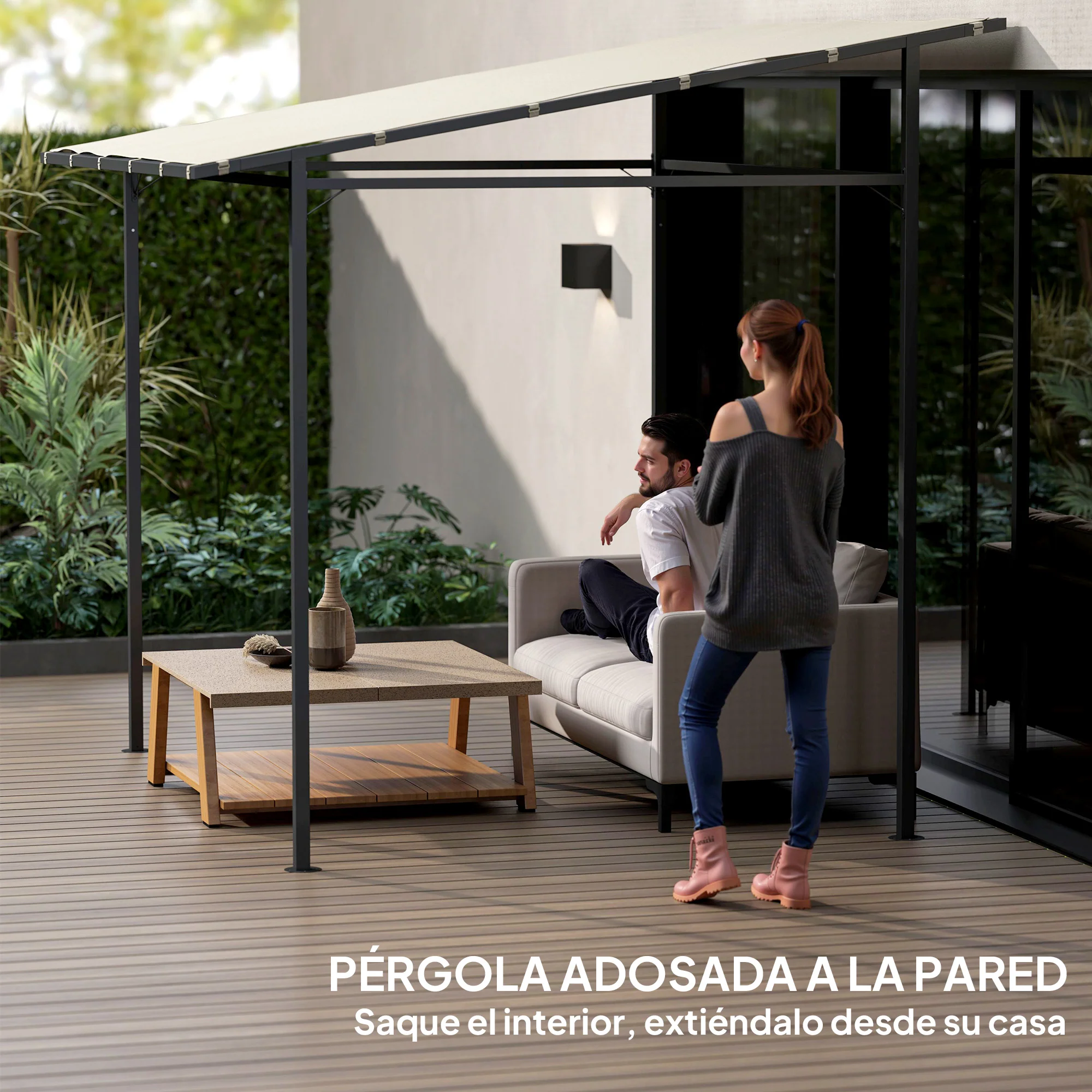 Outsunny Pérgola De Pared 2,4x2,4 M Con Techo Inclinado Protección Uv 30+ Crema - Image 6