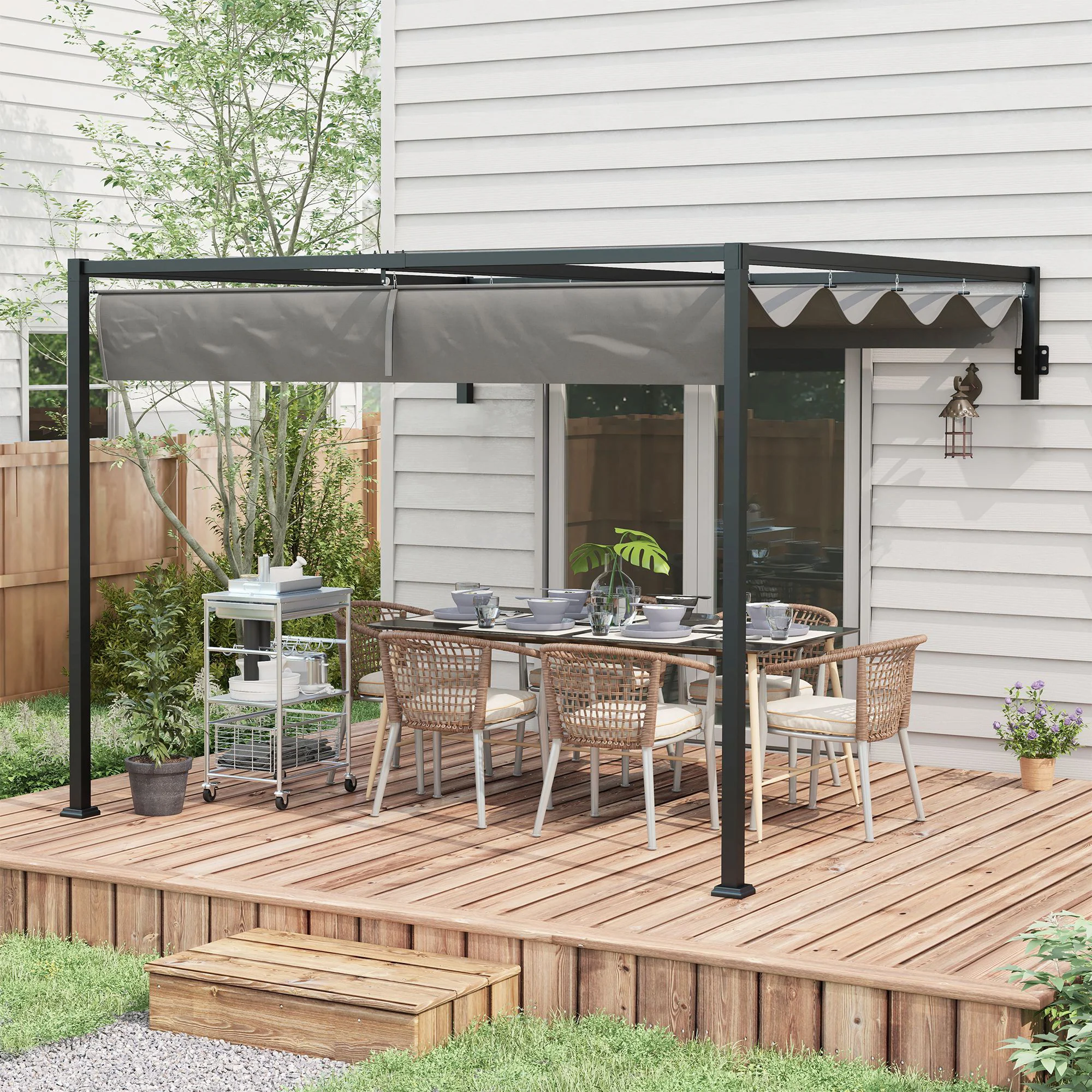 Outsunny Pérgola De Pared 297x211x220 Cm Con Techo Retráctil Para Patio Gris - Image 2