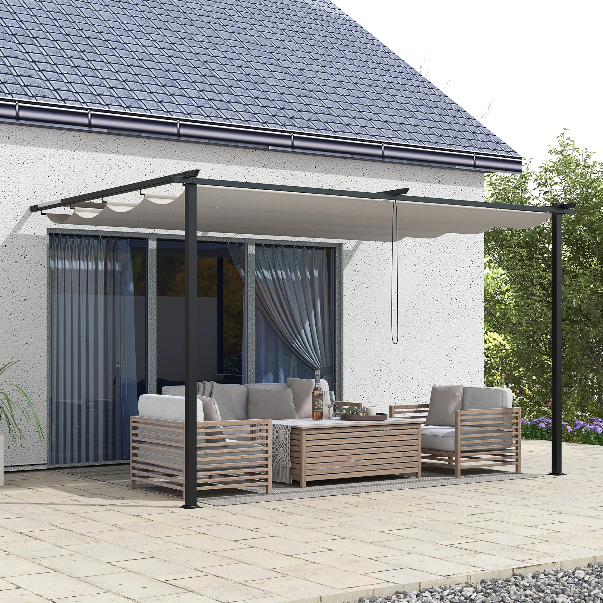 Outsunny Pérgola De Pared De Jardín 4x3 M Con Techo Retráctil Tela Poliéster - Image 2