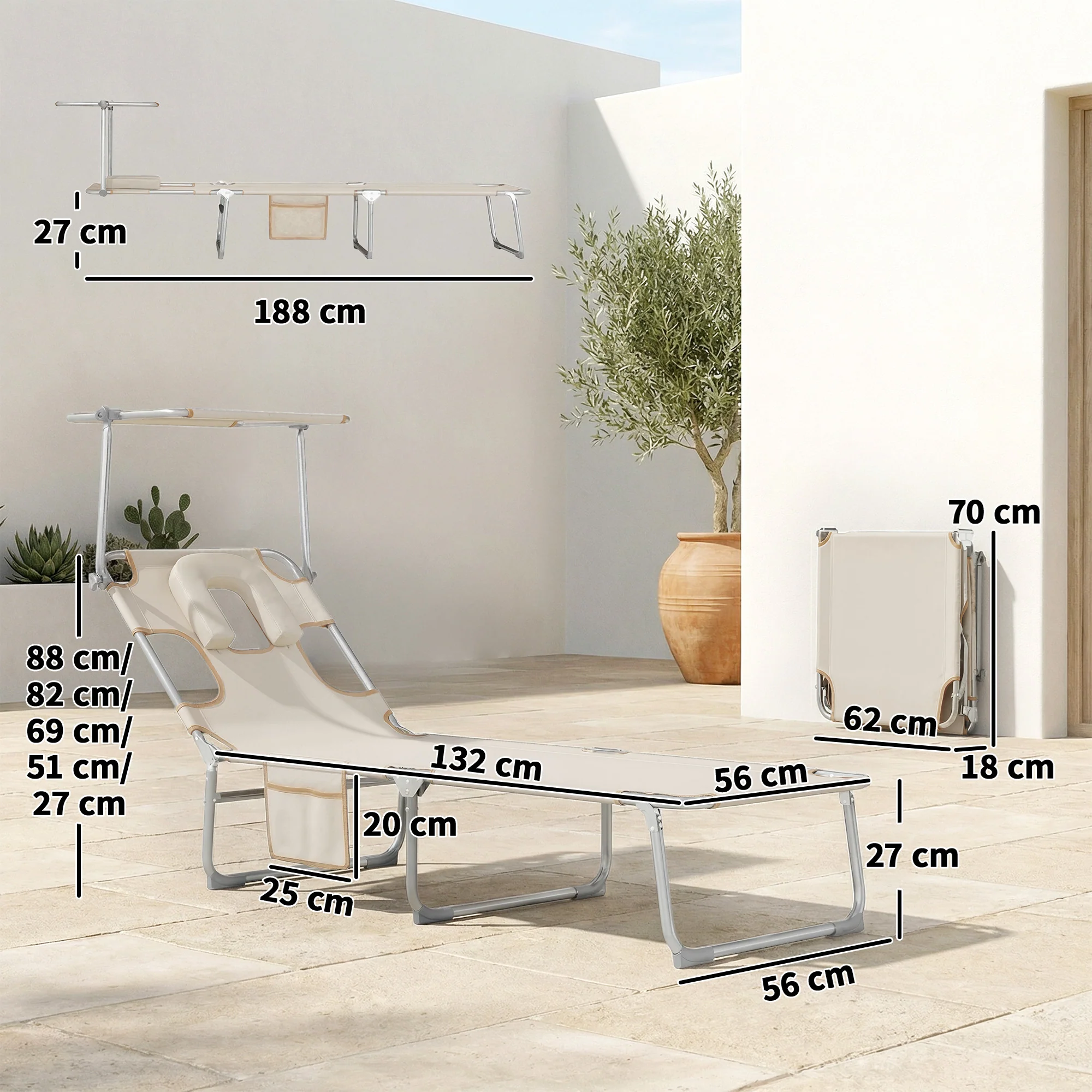 Outsunny Set De 2 Tumbonas Plegables Reclinables Con Dosel 360° Orificio Facial - Image 3