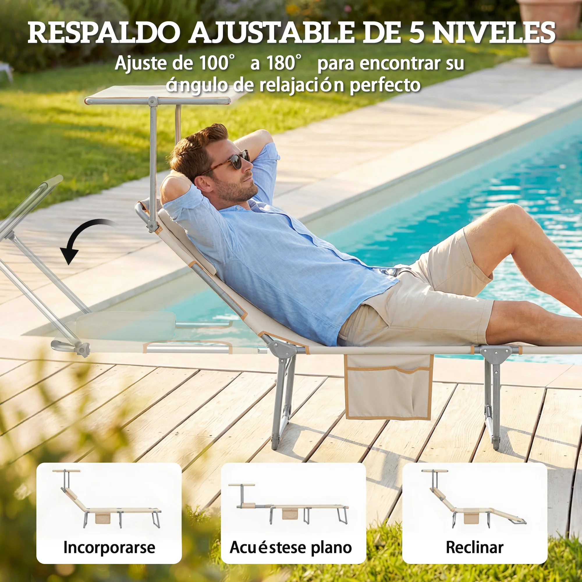 Outsunny Set De 2 Tumbonas Plegables Reclinables Con Dosel 360° Orificio Facial - Image 6