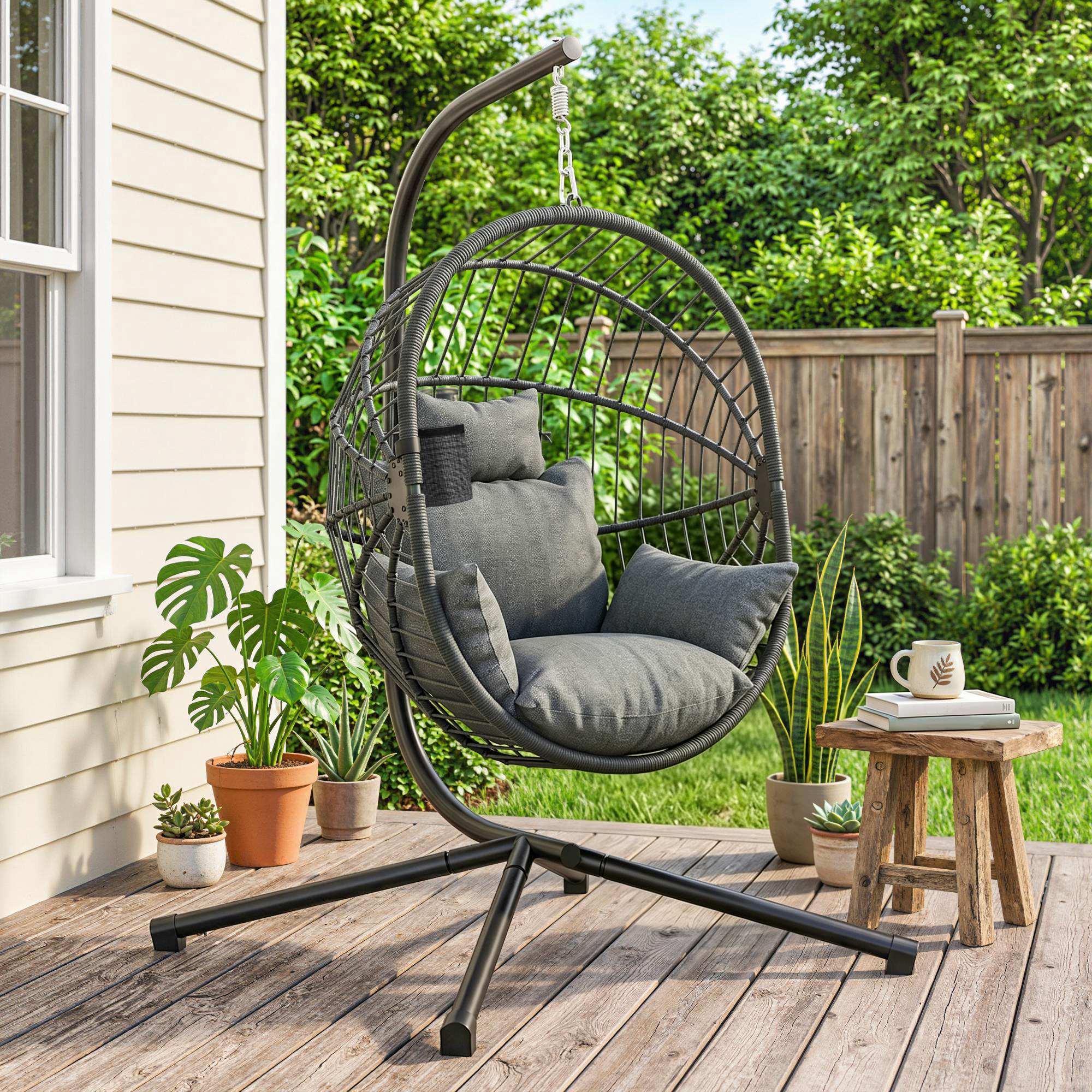 Outsunny Silla Colgante Huevo Con Soporte Cesta Plegable Carga 120 Kg Gris - Image 2