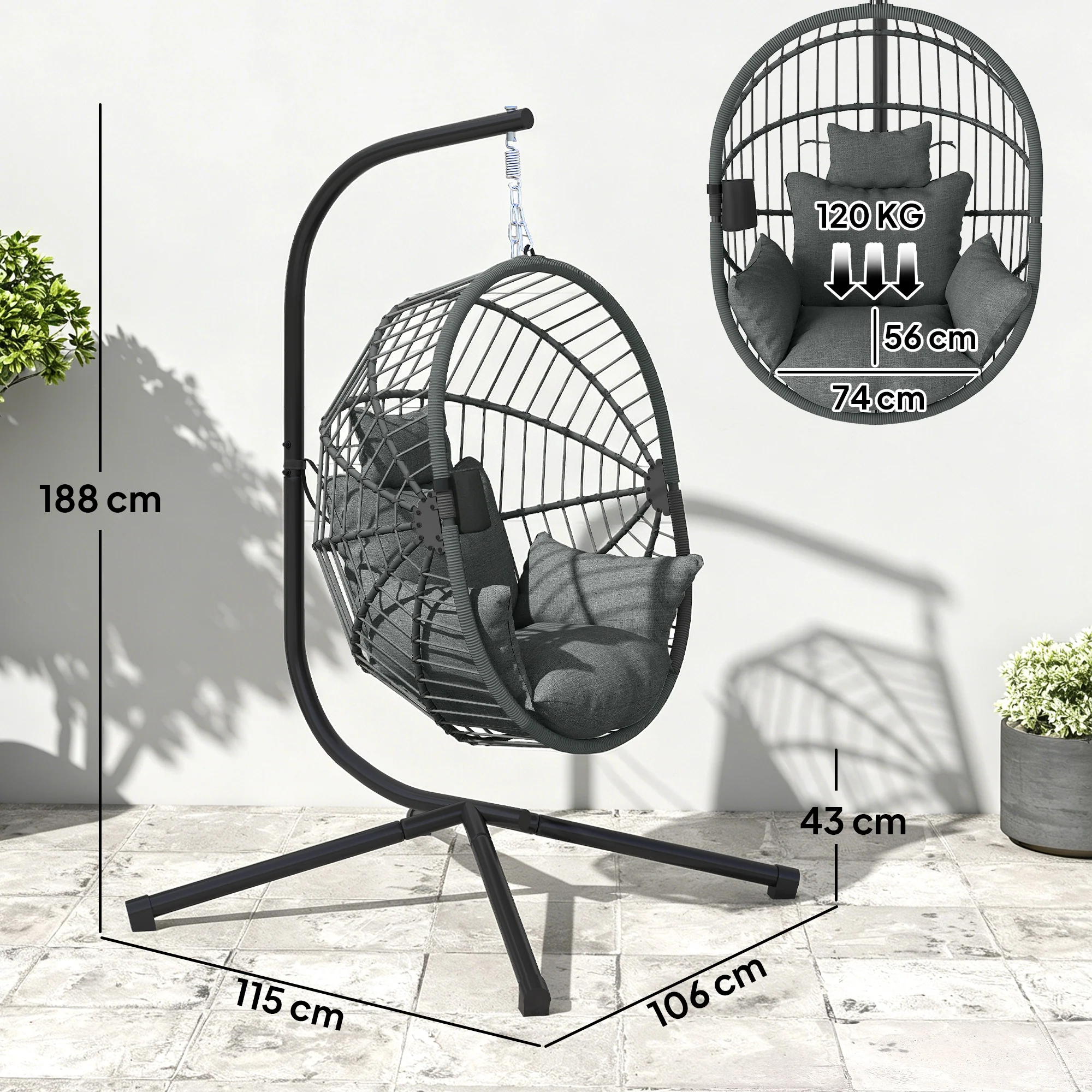 Outsunny Silla Colgante Huevo Con Soporte Cesta Plegable Carga 120 Kg Gris - Image 3