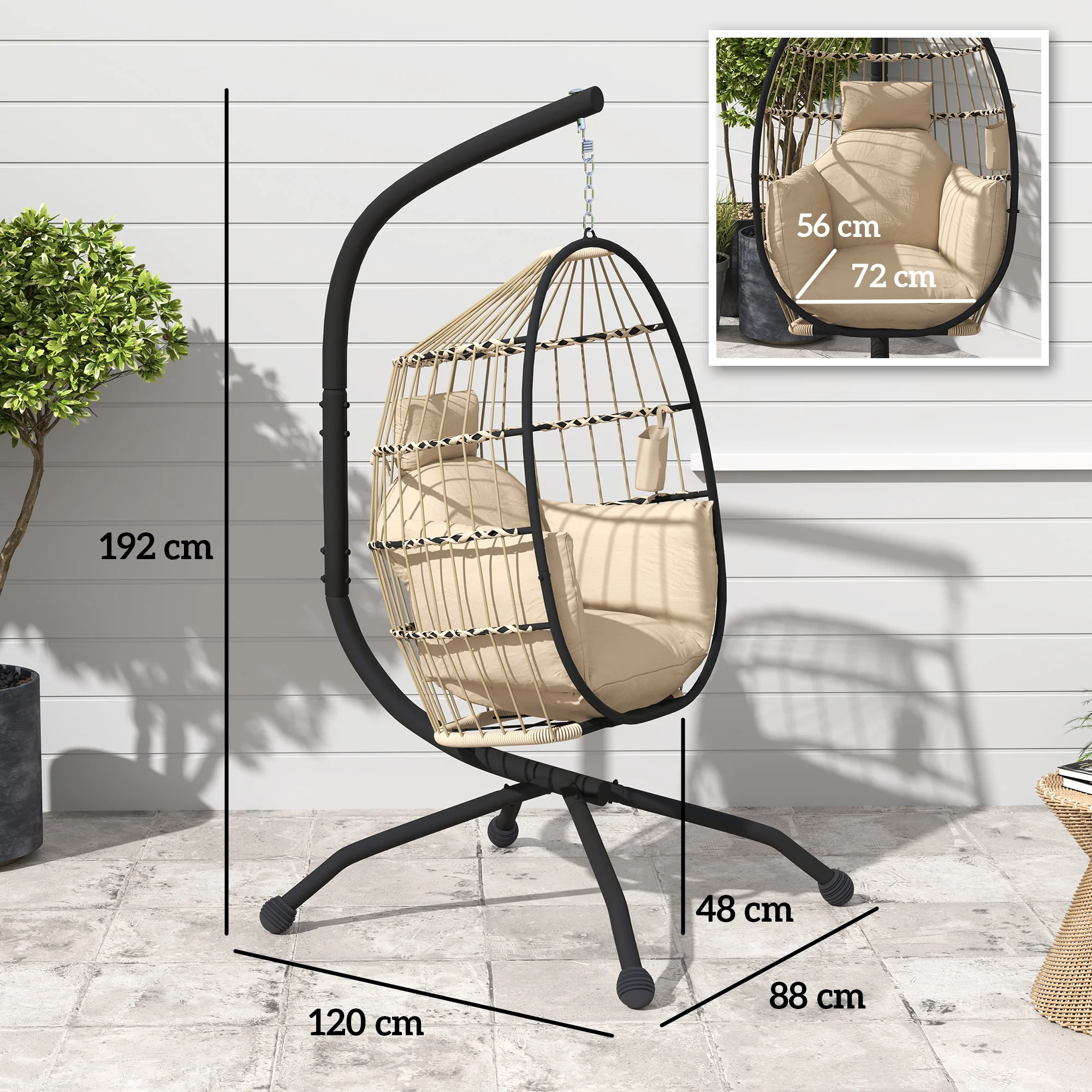 Outsunny Silla Colgante Huevo Con Soporte Cesta Plegable Cojín Carga 120kg Caqui - Image 3