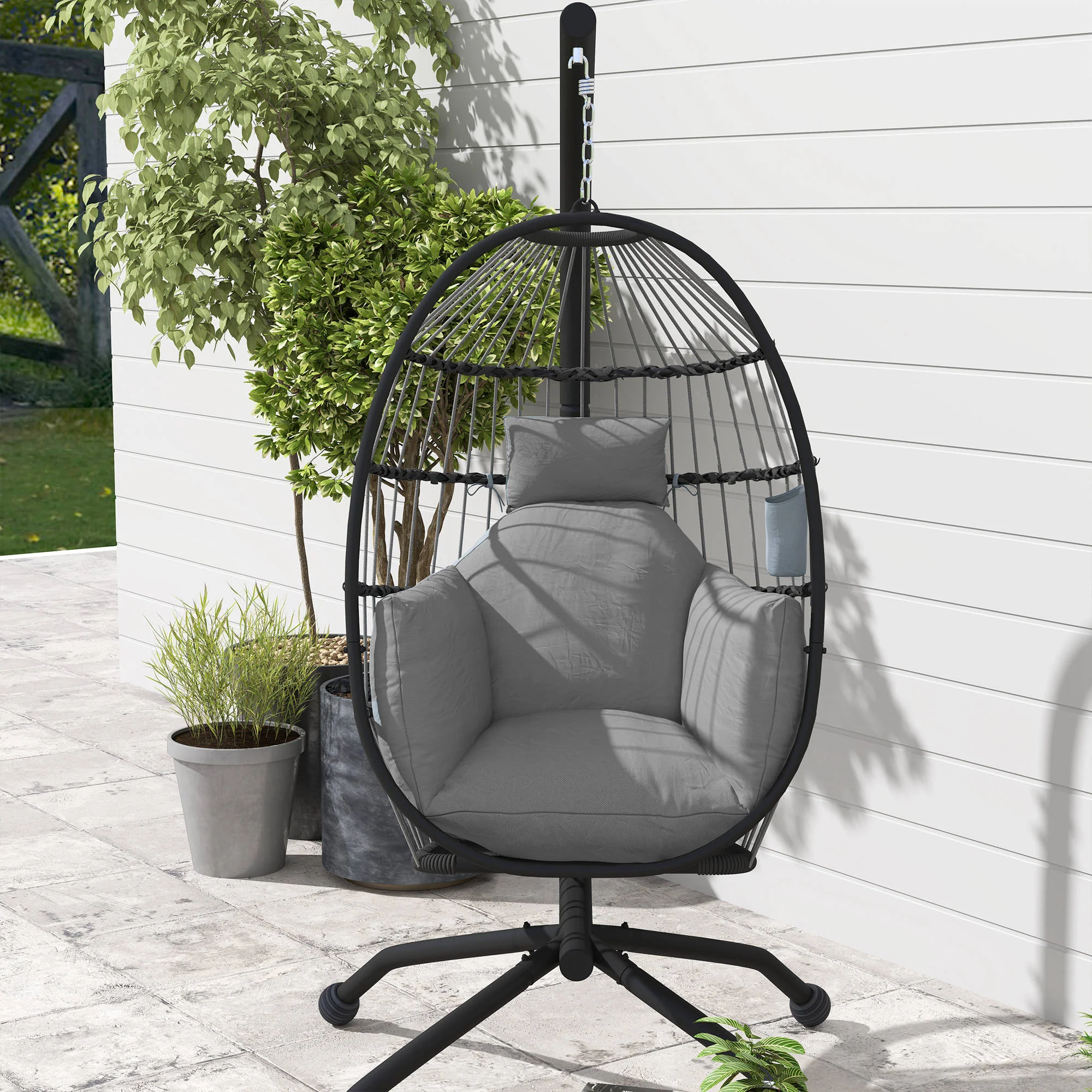Outsunny Silla Colgante Huevo Con Soporte Cesta Plegable Cojín Carga 120kg Gris - Image 2