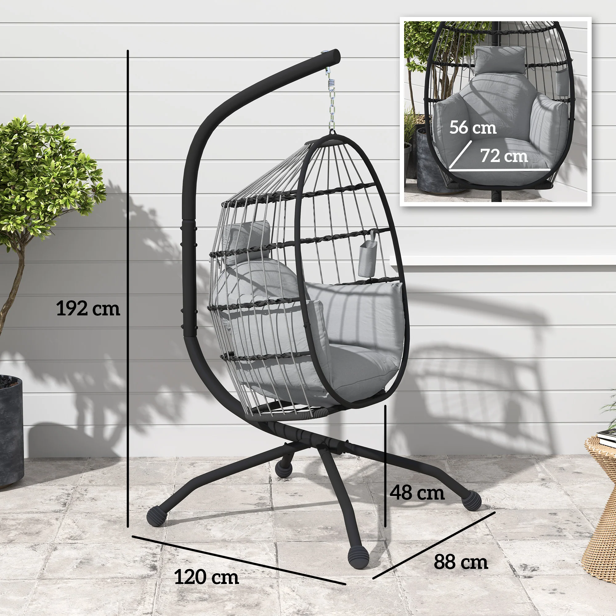 Outsunny Silla Colgante Huevo Con Soporte Cesta Plegable Cojín Carga 120kg Gris - Image 3