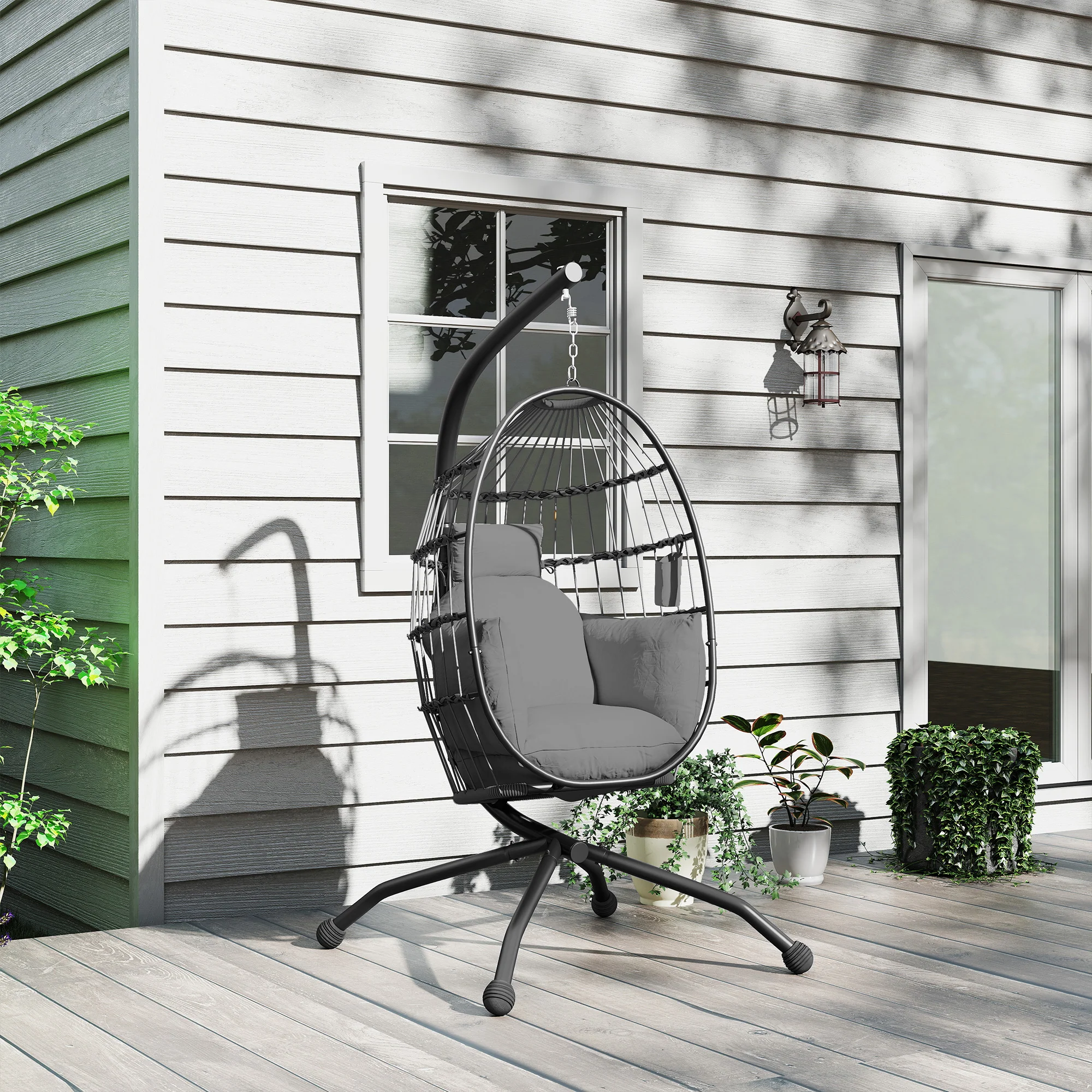 Outsunny Silla Colgante Huevo Con Soporte Cesta Plegable Cojín Carga 120kg Gris - Image 4