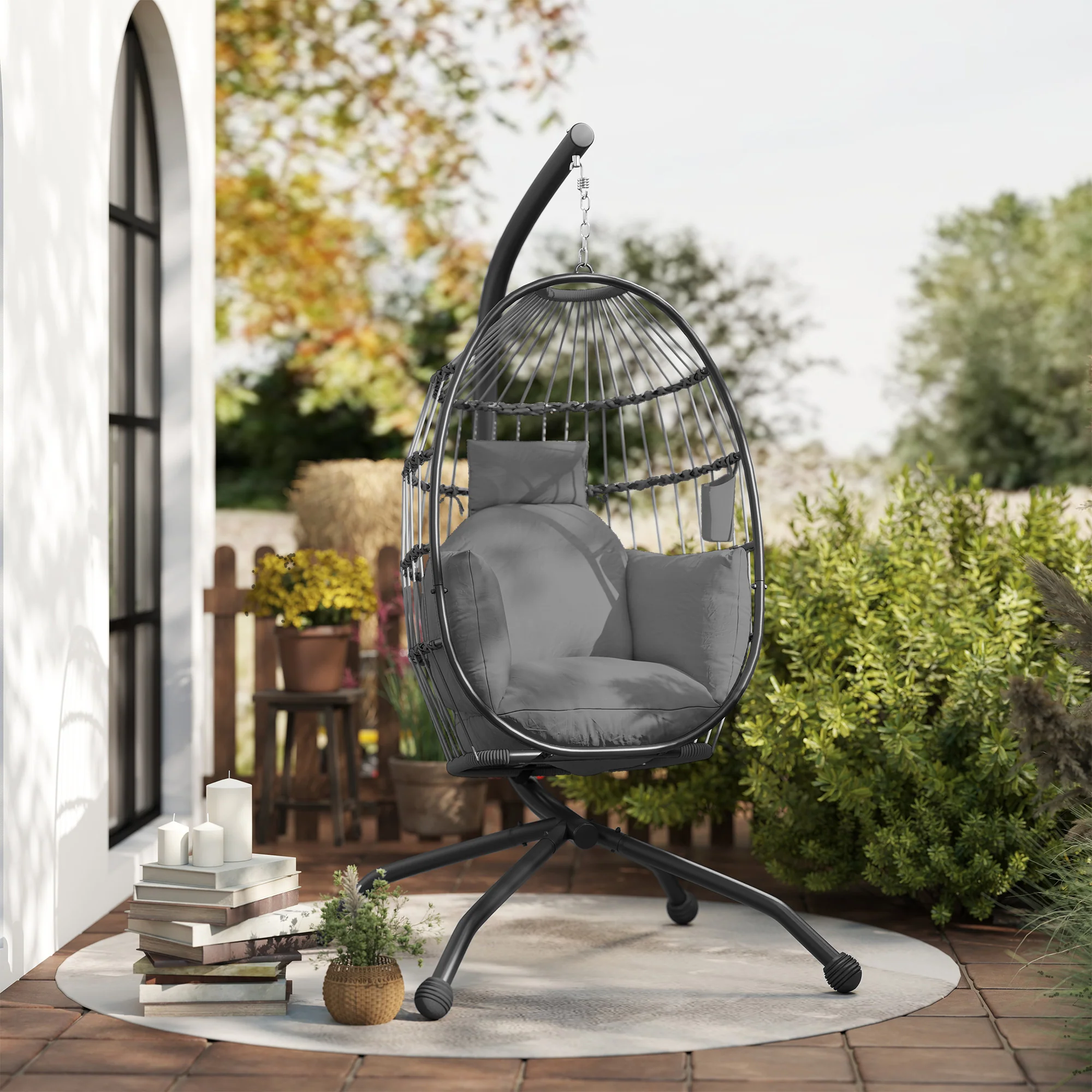 Outsunny Silla Colgante Huevo Con Soporte Cesta Plegable Cojín Carga 120kg Gris - Image 5