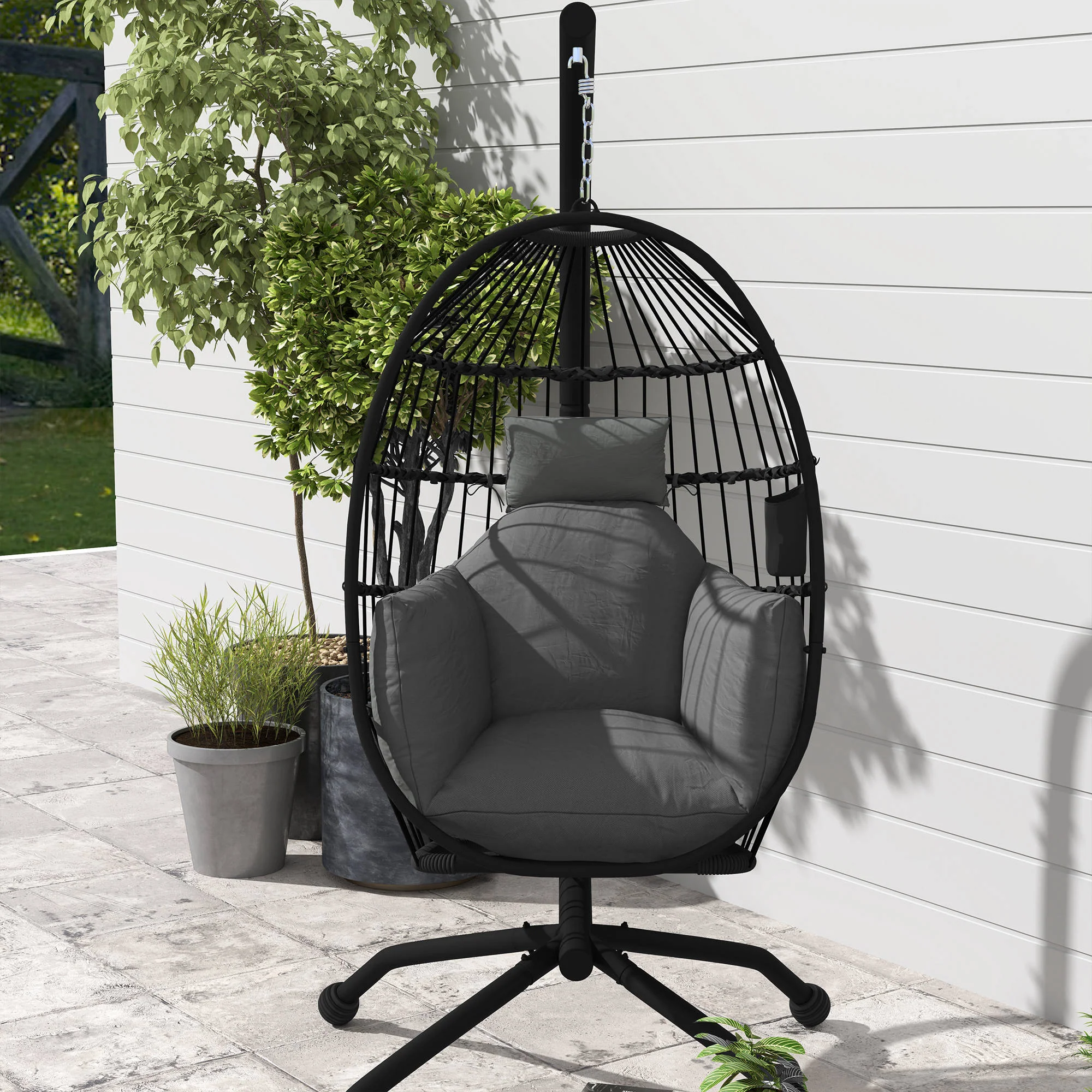 Outsunny Silla Colgante Huevo Con Soporte Cesta Plegable Cojín Carga 120kg Negro - Image 2