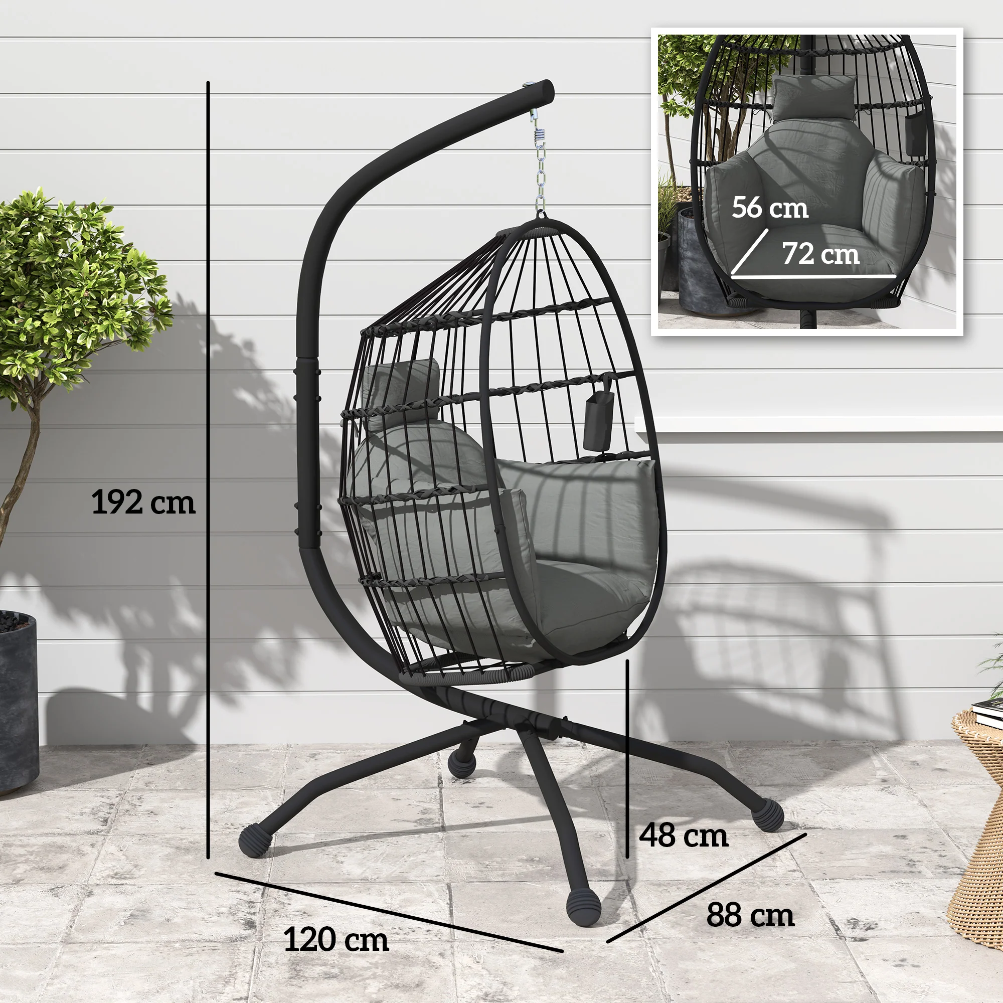 Outsunny Silla Colgante Huevo Con Soporte Cesta Plegable Cojín Carga 120kg Negro - Image 3