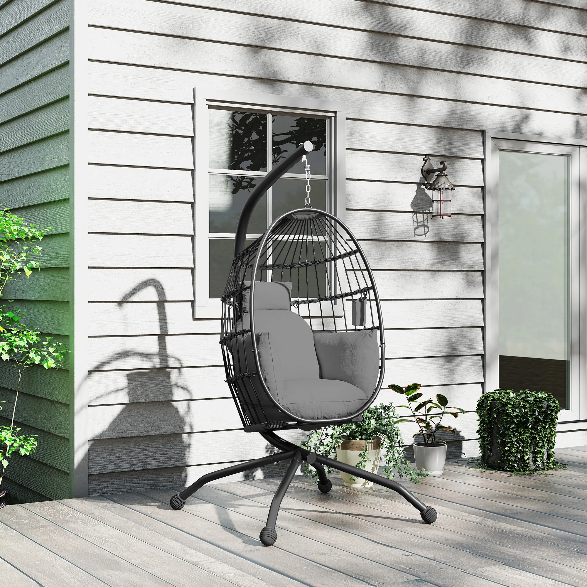 Outsunny Silla Colgante Huevo Con Soporte Cesta Plegable Cojín Carga 120kg Negro - Image 4