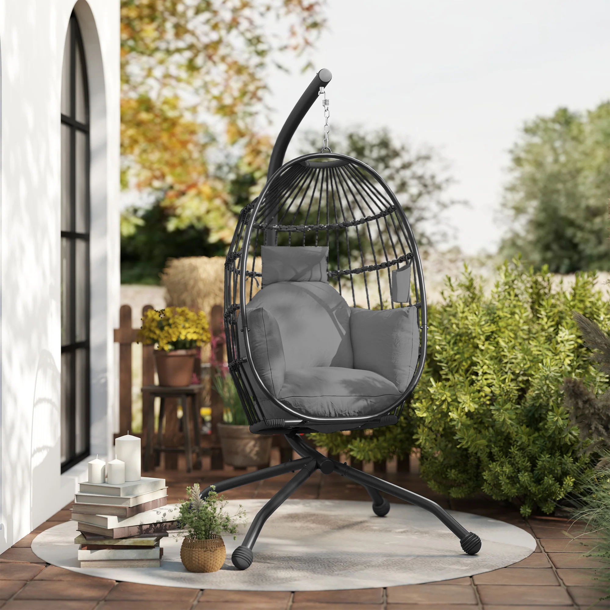 Outsunny Silla Colgante Huevo Con Soporte Cesta Plegable Cojín Carga 120kg Negro - Image 5
