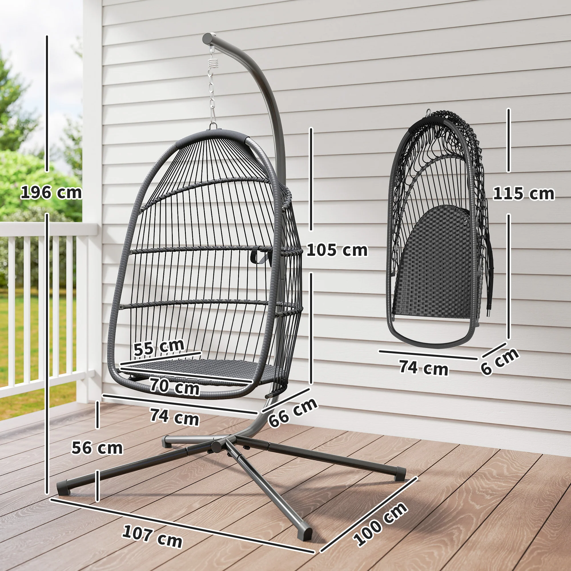 Outsunny Silla Colgante Huevo Con Soporte Cesta Plegable Cojín Gris Oscuro - Image 3