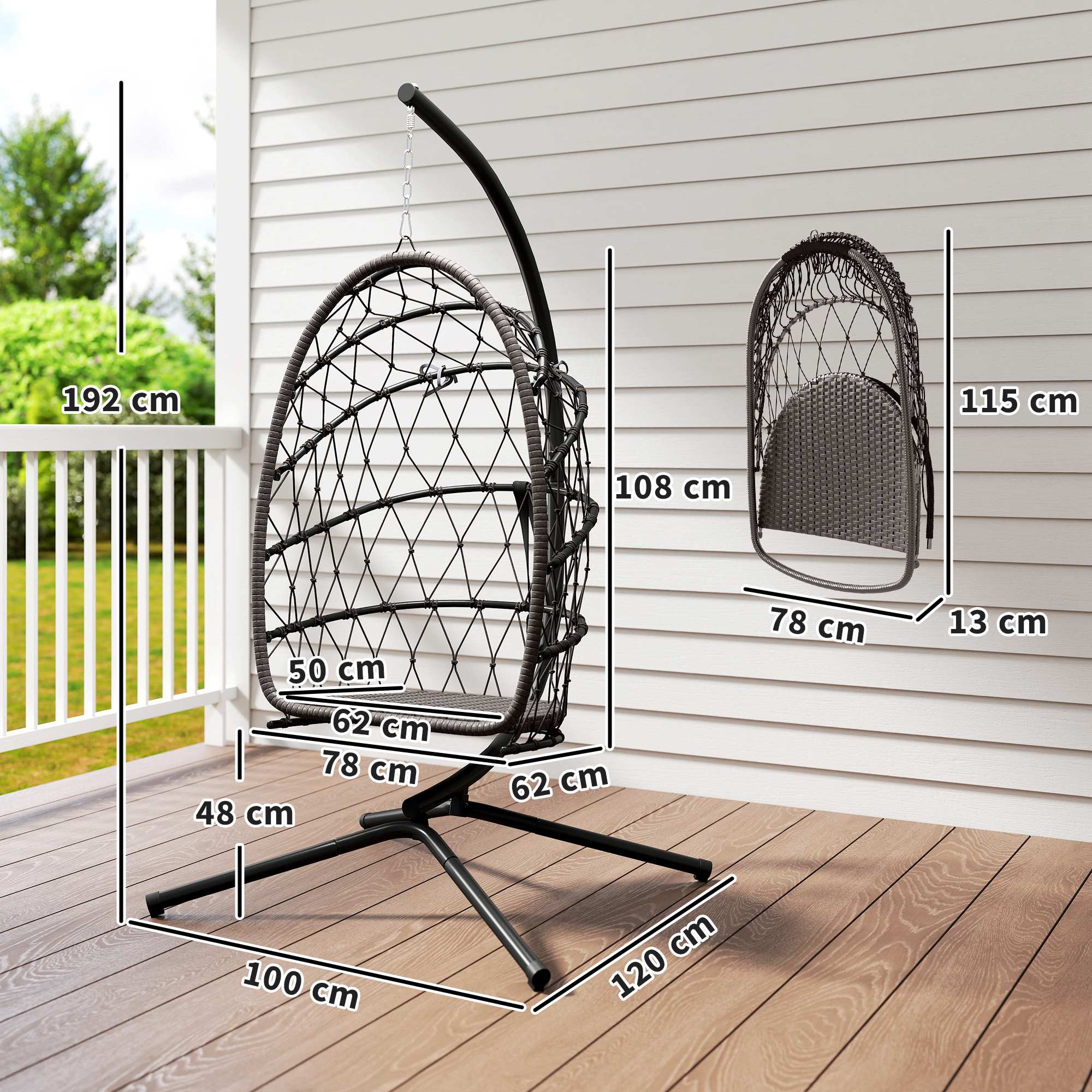 Outsunny Silla Colgante Huevo Con Soporte Cesta Plegable Cojín Marrón - Image 3