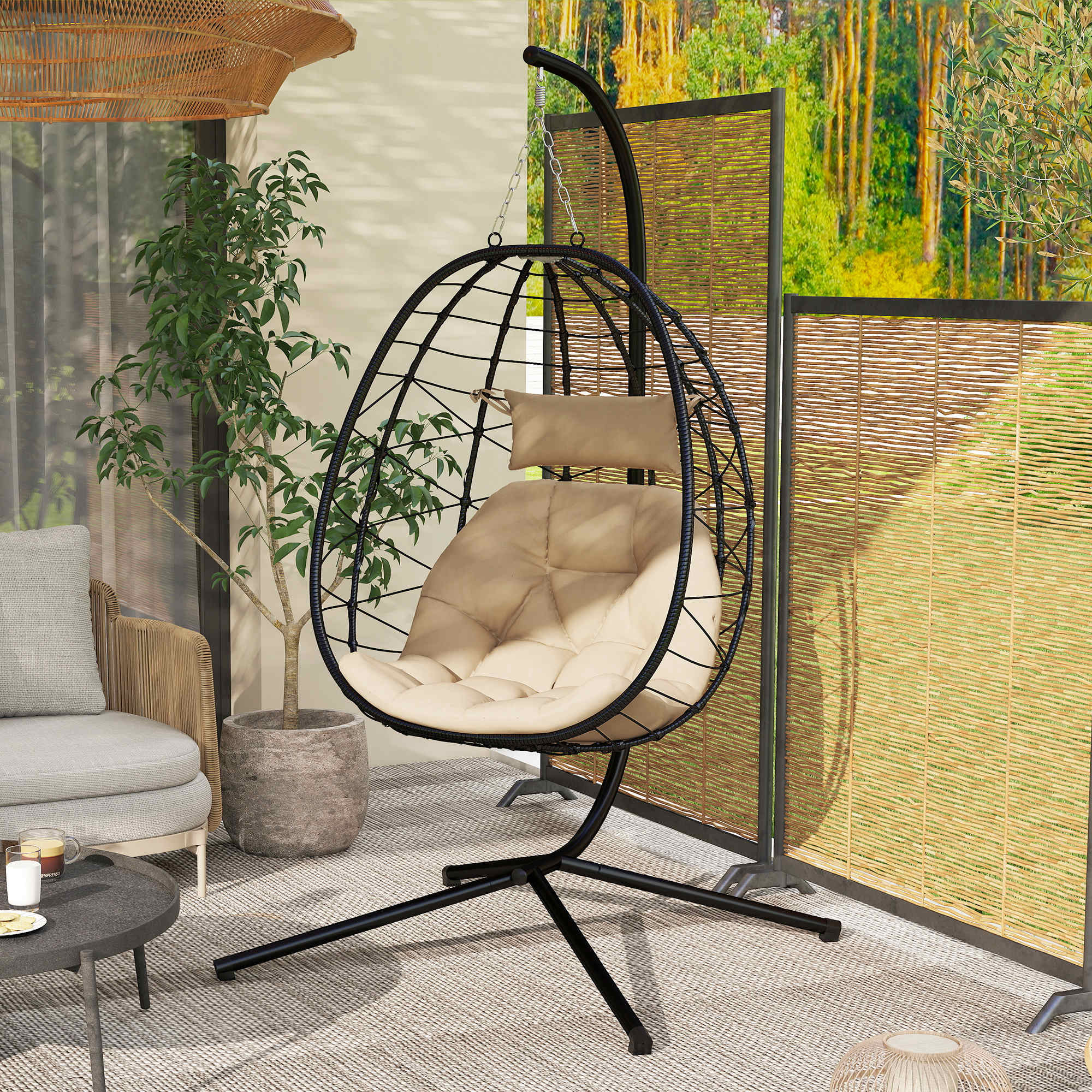 Outsunny Silla Colgante Huevo Con Soporte Con Cesta Plegable Cojín Caqui - Image 2