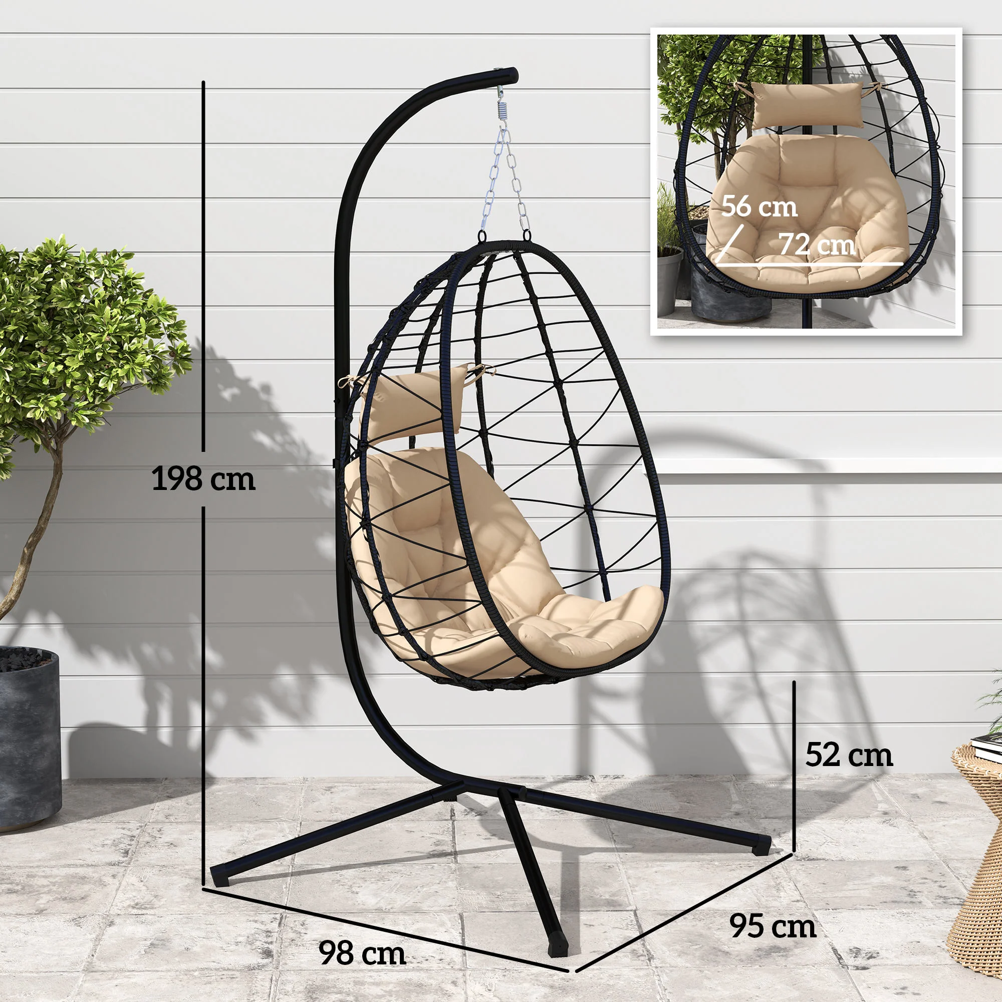 Outsunny Silla Colgante Huevo Con Soporte Con Cesta Plegable Cojín Caqui - Image 3