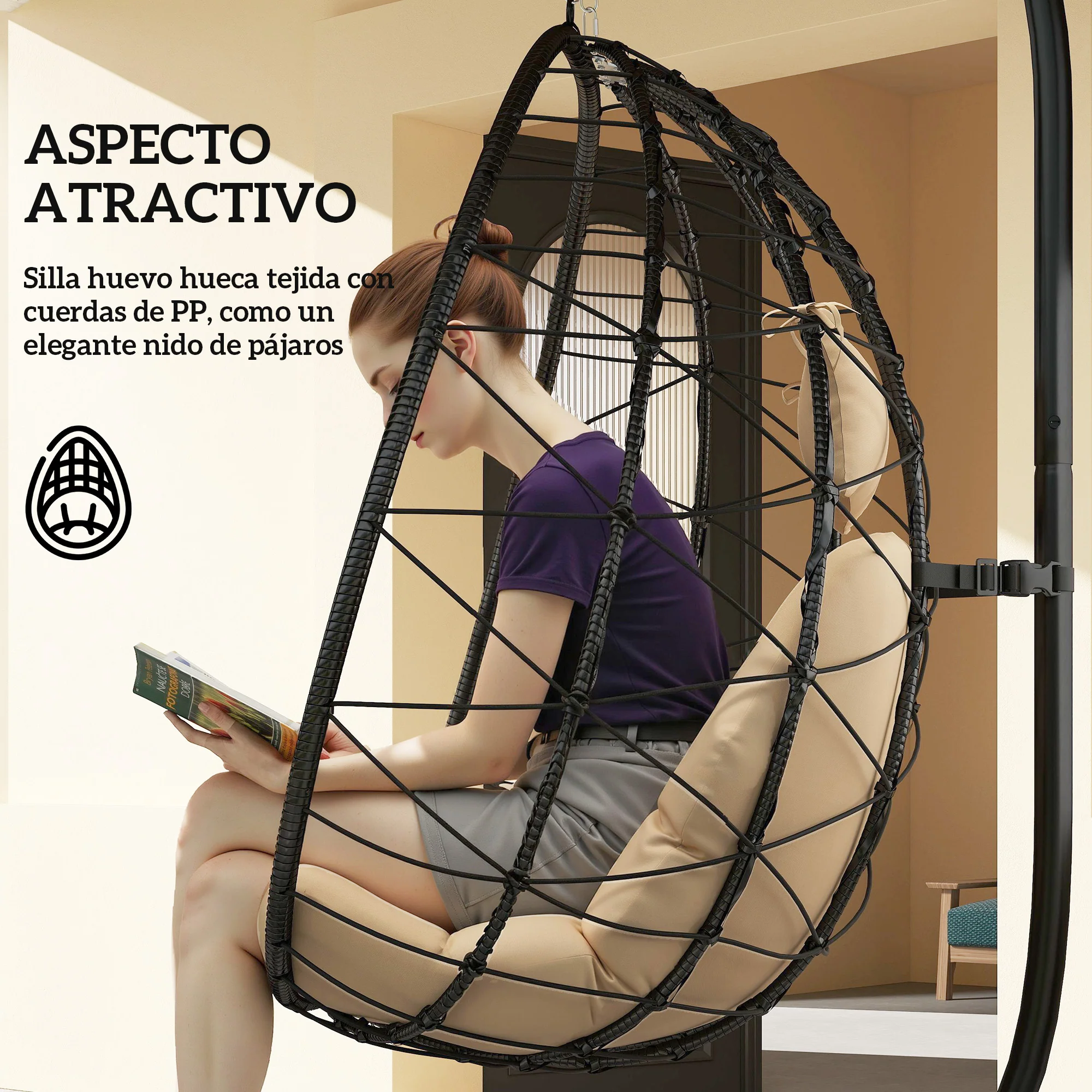 Outsunny Silla Colgante Huevo Con Soporte Con Cesta Plegable Cojín Caqui - Image 6