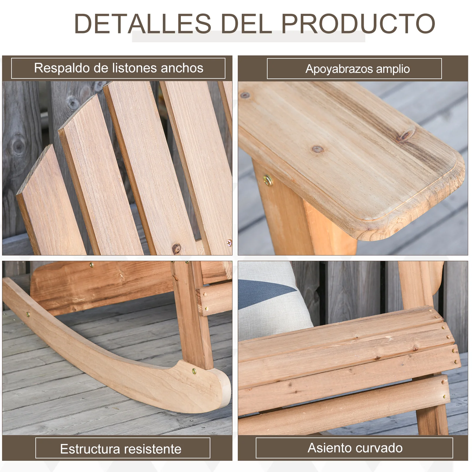 Outsunny Silla De Jardín Mecedora Adirondack De Madera Natural 77x94x97cm Color - Image 6