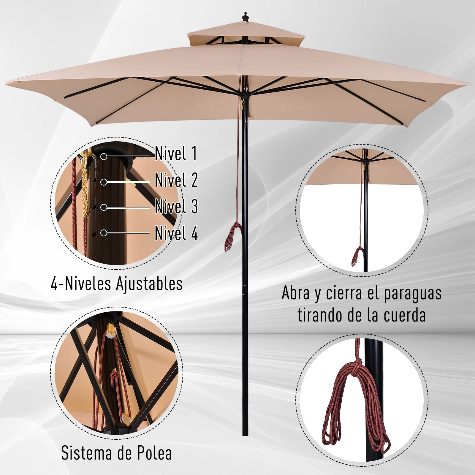 Outsunny Sombrilla De Jardín 3x3x3 M Con Doble Techo Impermeable Beige - Image 6