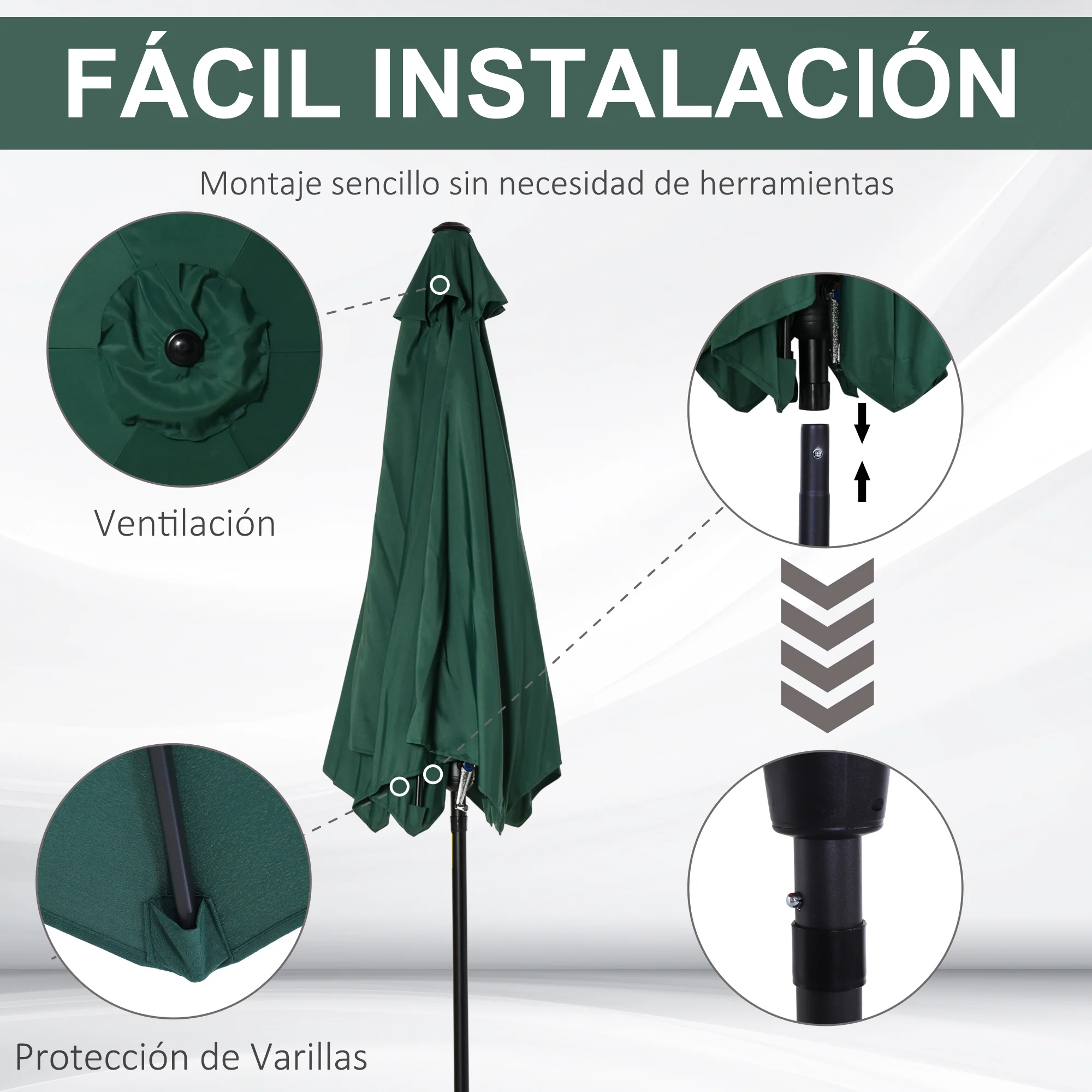 Outsunny Sombrilla De Jardín Ø260x235cm Reclinable Con Manivela 6 Varillas Verde - Image 6