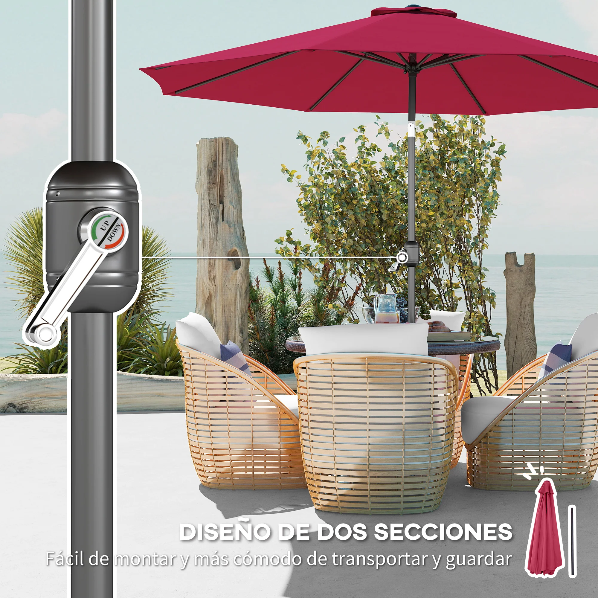 Outsunny Sombrilla De Jardín Ø295x250 Cm Con Manivela E Inclinación Vino Tinto - Image 6