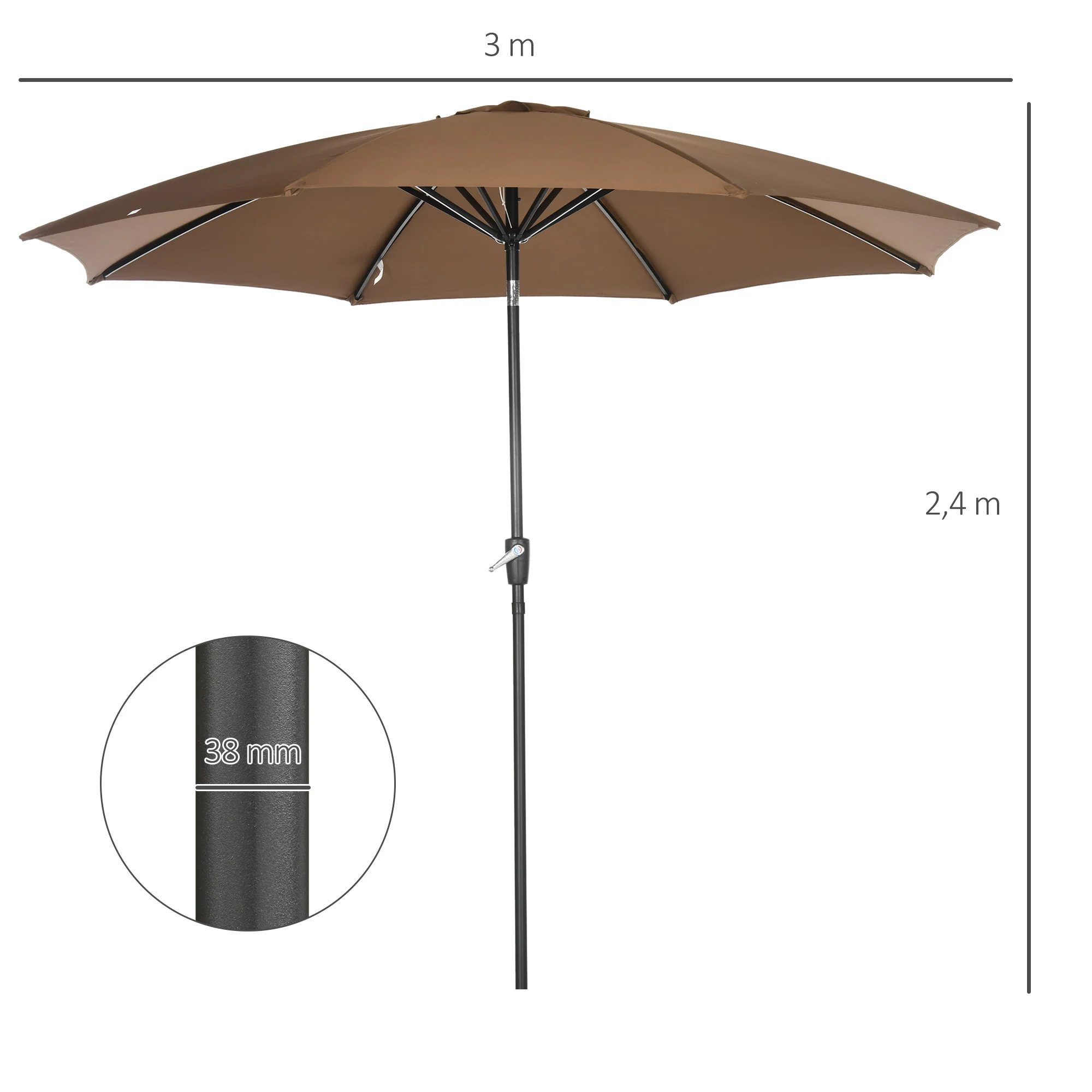 Outsunny Sombrilla De Jardín Ø300x252 Cm Con Manivela Techo Inclinable Marrón - Image 3