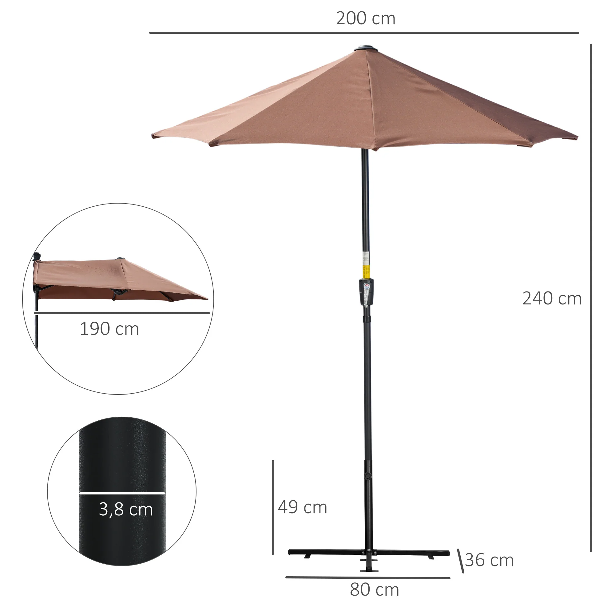 Outsunny Sombrilla De Pared Jardín 200x190x240cm Con Manivela Para Terraza Café - Image 3