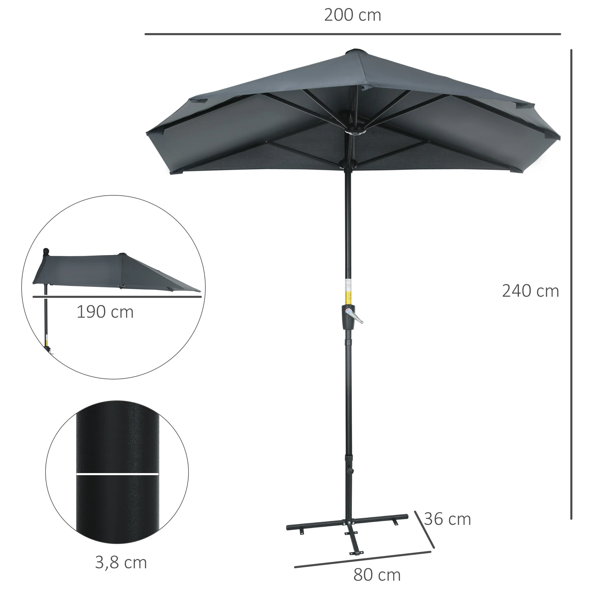 Outsunny Sombrilla De Pared Jardín 200x190x240cm Con Manivela Para Terraza Gris - Image 3