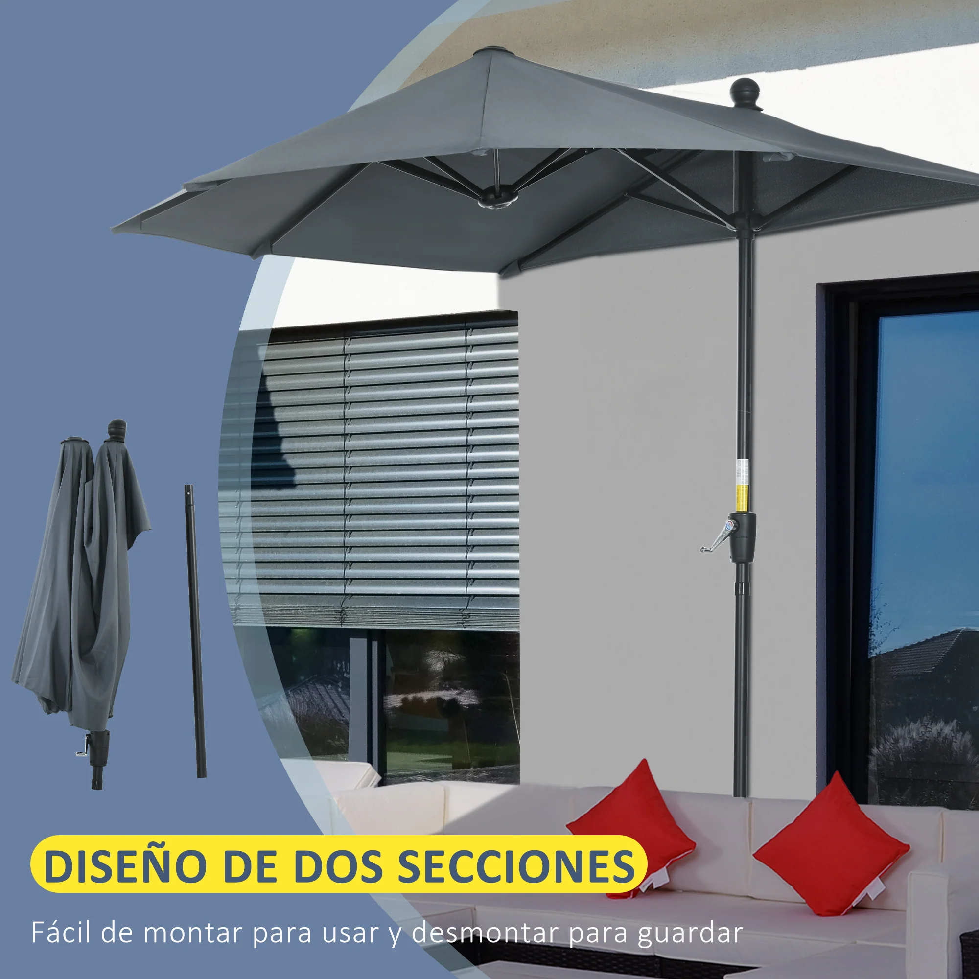 Outsunny Sombrilla De Pared Jardín 200x190x240cm Con Manivela Para Terraza Gris - Image 6