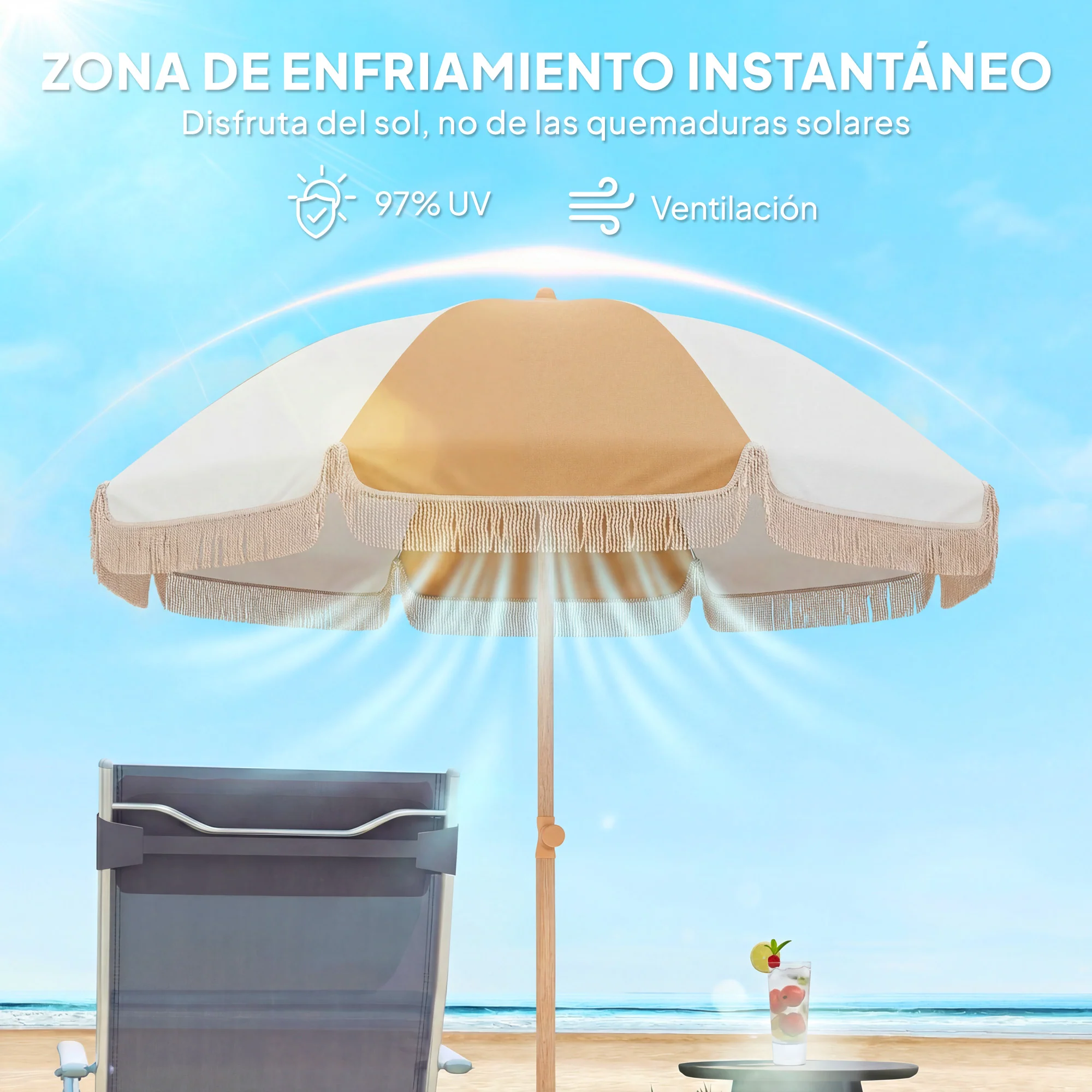 Outsunny Sombrilla De Playa Ø175 Cm Altura Ajustable Inclinación Blanco Y Beige - Image 6