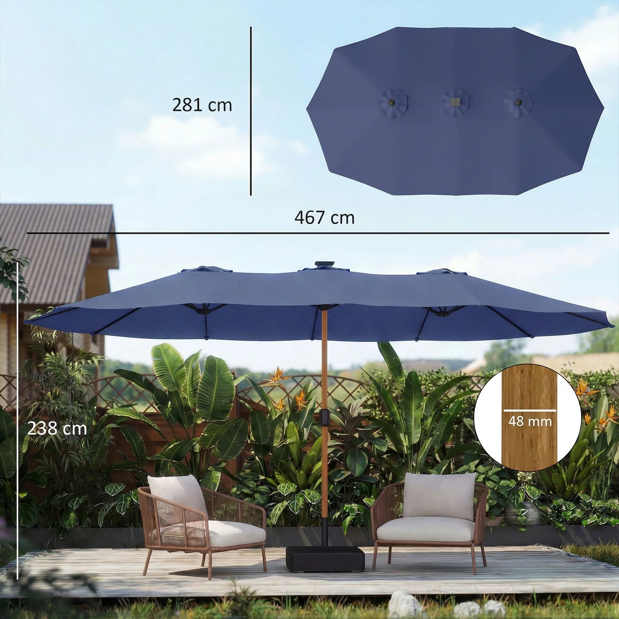 Outsunny Sombrilla Doble 4,7x2,8 M Con Base Incluida Manivela Sacos De Arena - Image 3