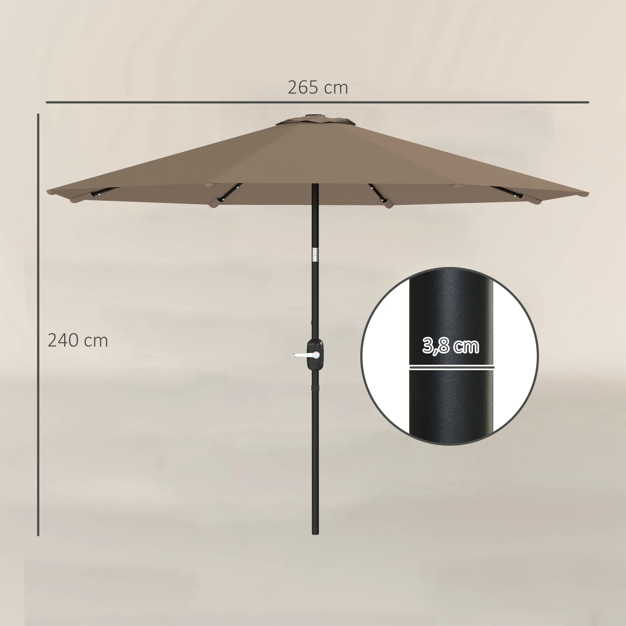 Outsunny Sombrilla Jardín Con 32 Luces Led Solares Inclinable Ø265x240 Cm Caqui - Image 3