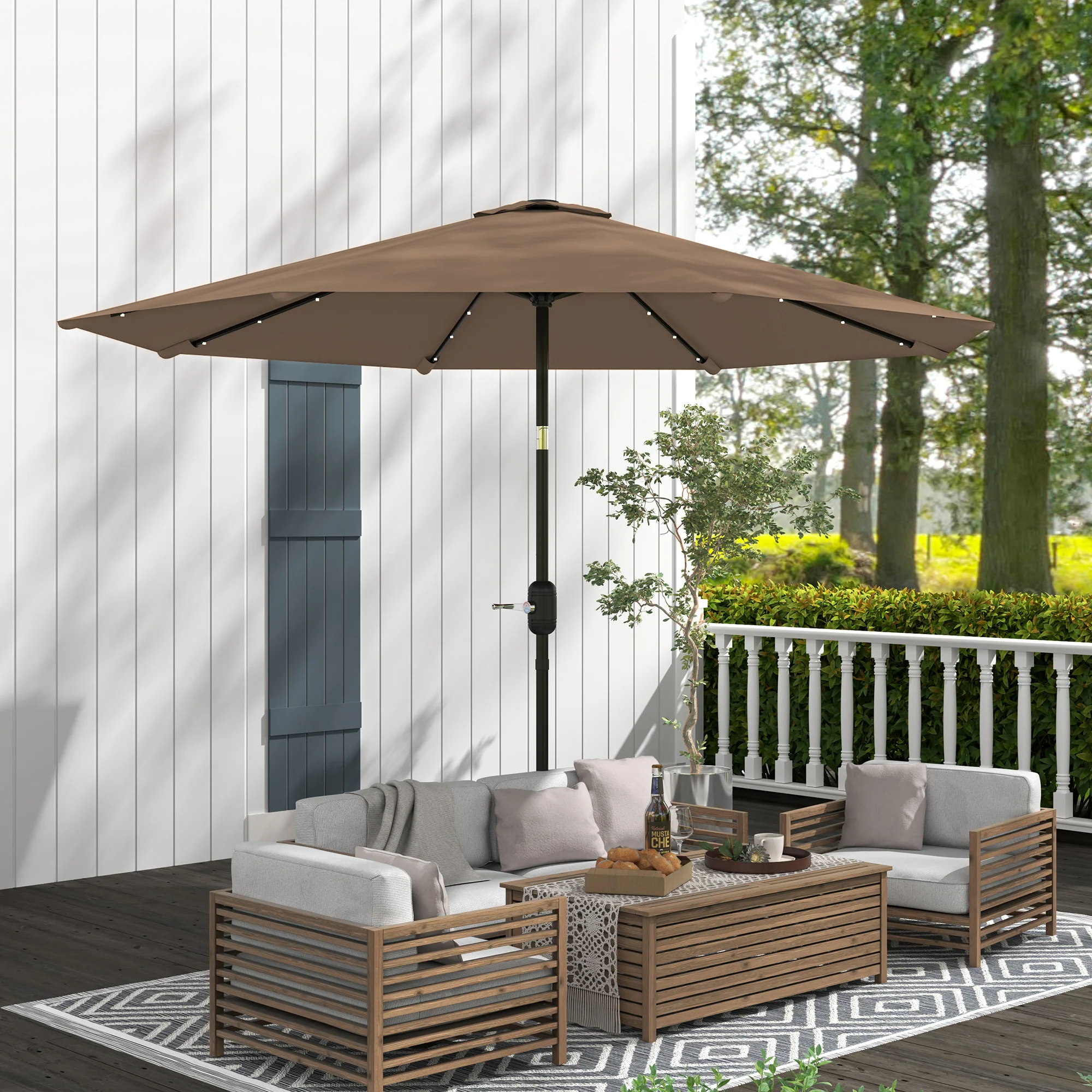 Outsunny Sombrilla Jardín Con 32 Luces Led Solares Inclinable Ø265x240 Cm Caqui - Image 4