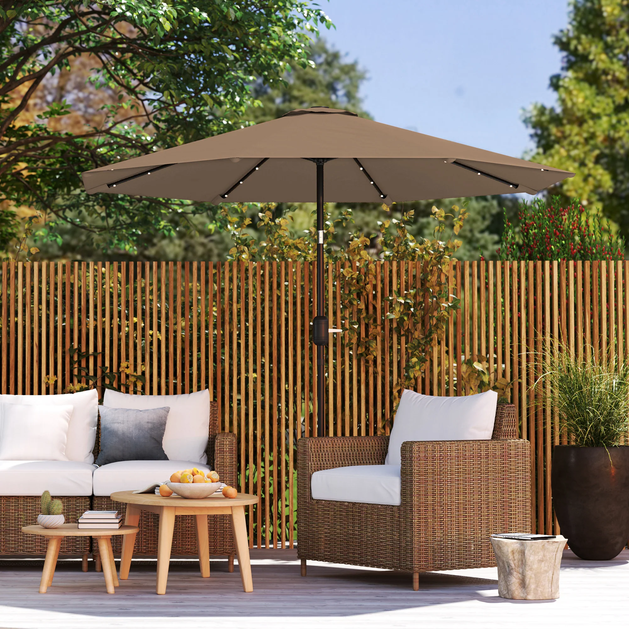 Outsunny Sombrilla Jardín Con 32 Luces Led Solares Inclinable Ø265x240 Cm Caqui - Image 5