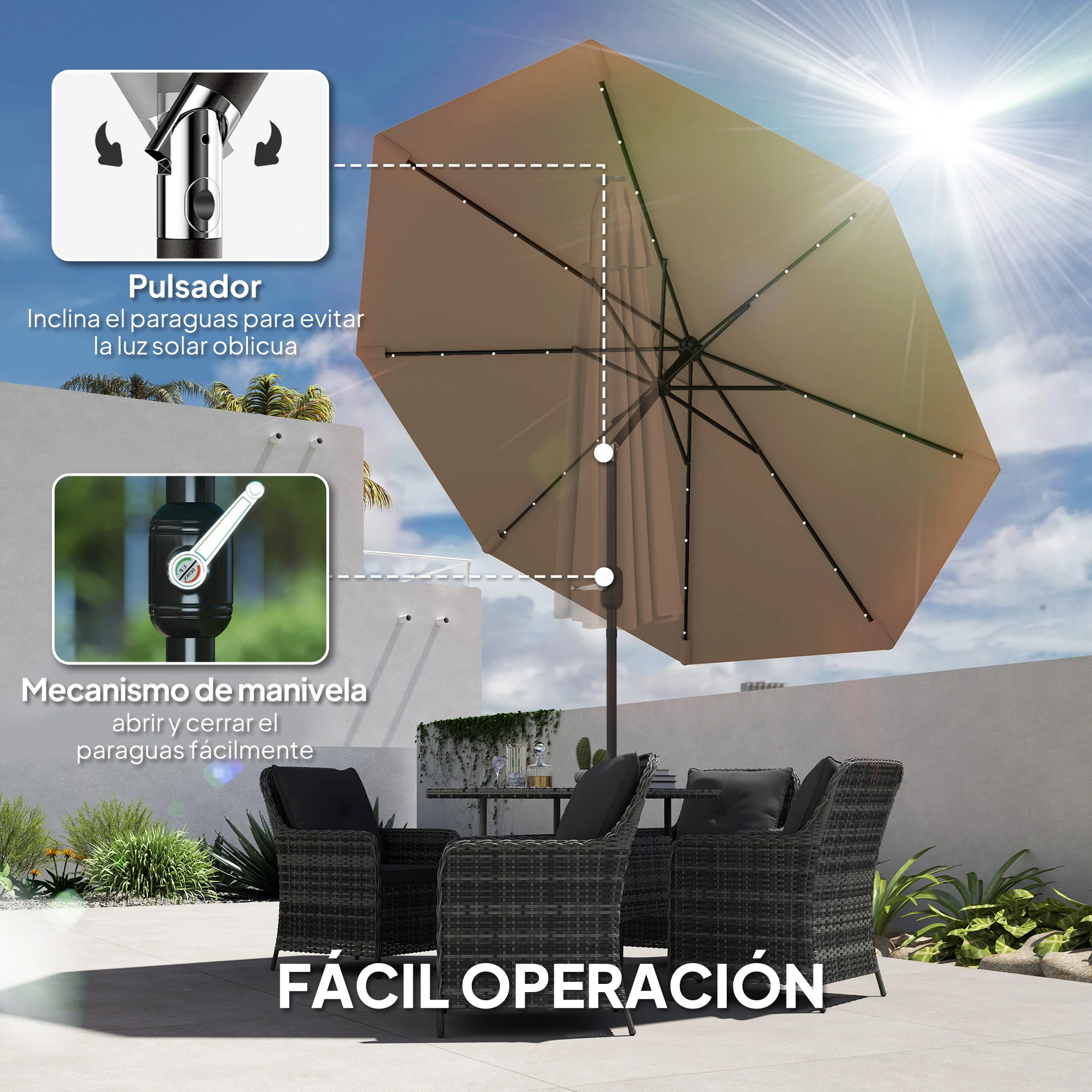Outsunny Sombrilla Jardín Con 32 Luces Led Solares Inclinable Ø265x240 Cm Caqui - Image 6