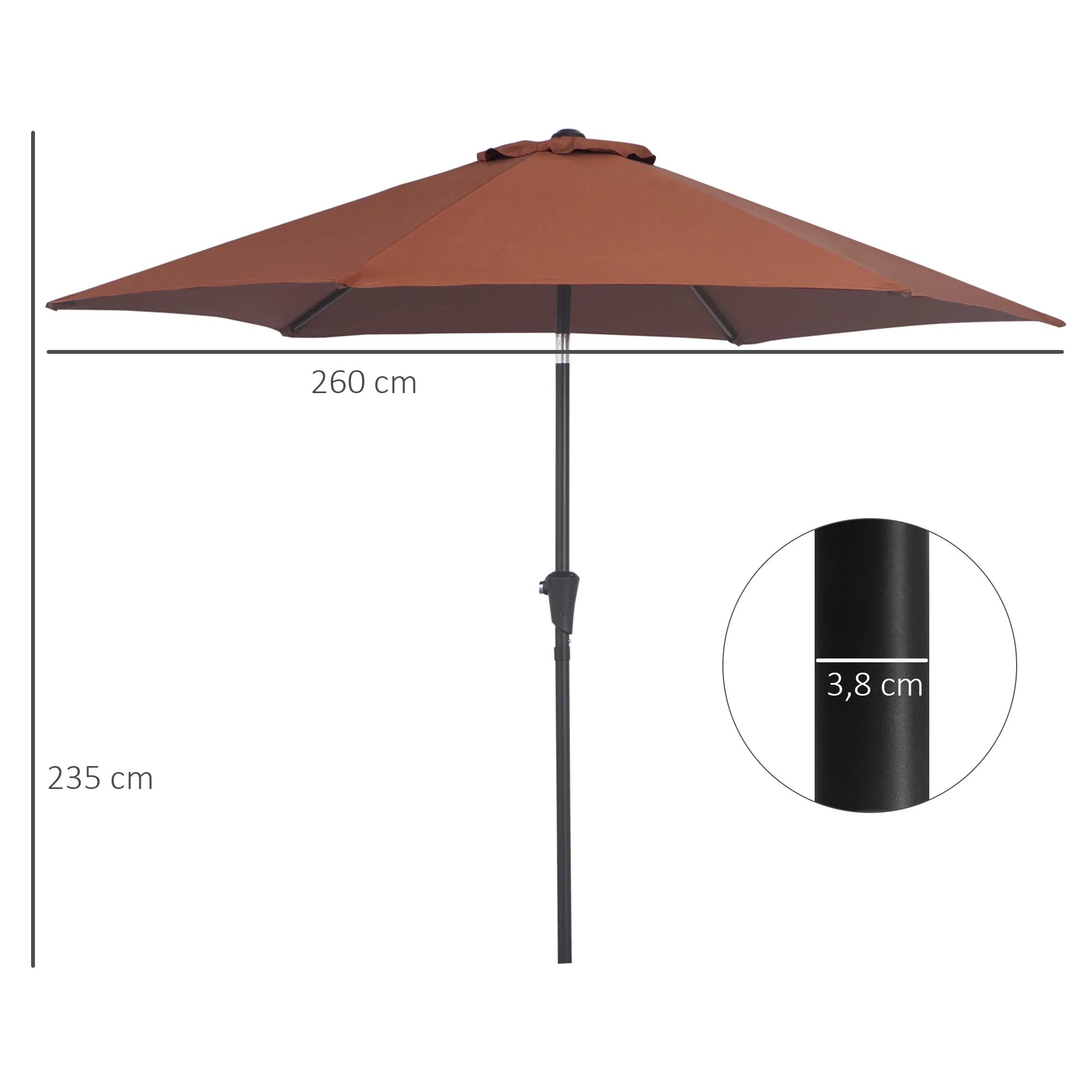 Outsunny Sombrilla Para Jardín Ø260x235 Cm Parasol De Aluminio Reclinable Café - Image 3