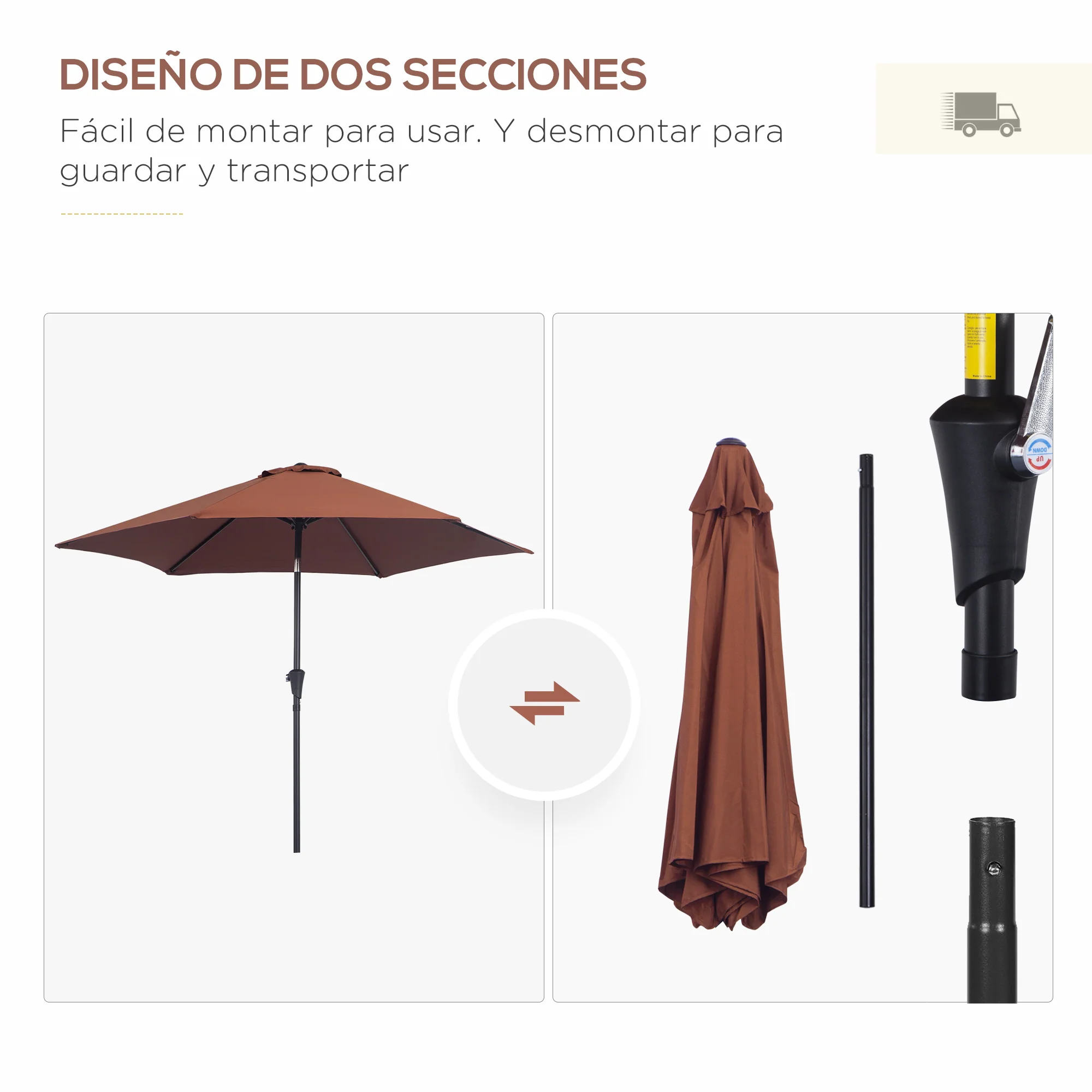 Outsunny Sombrilla Para Jardín Ø260x235 Cm Parasol De Aluminio Reclinable Café - Image 6