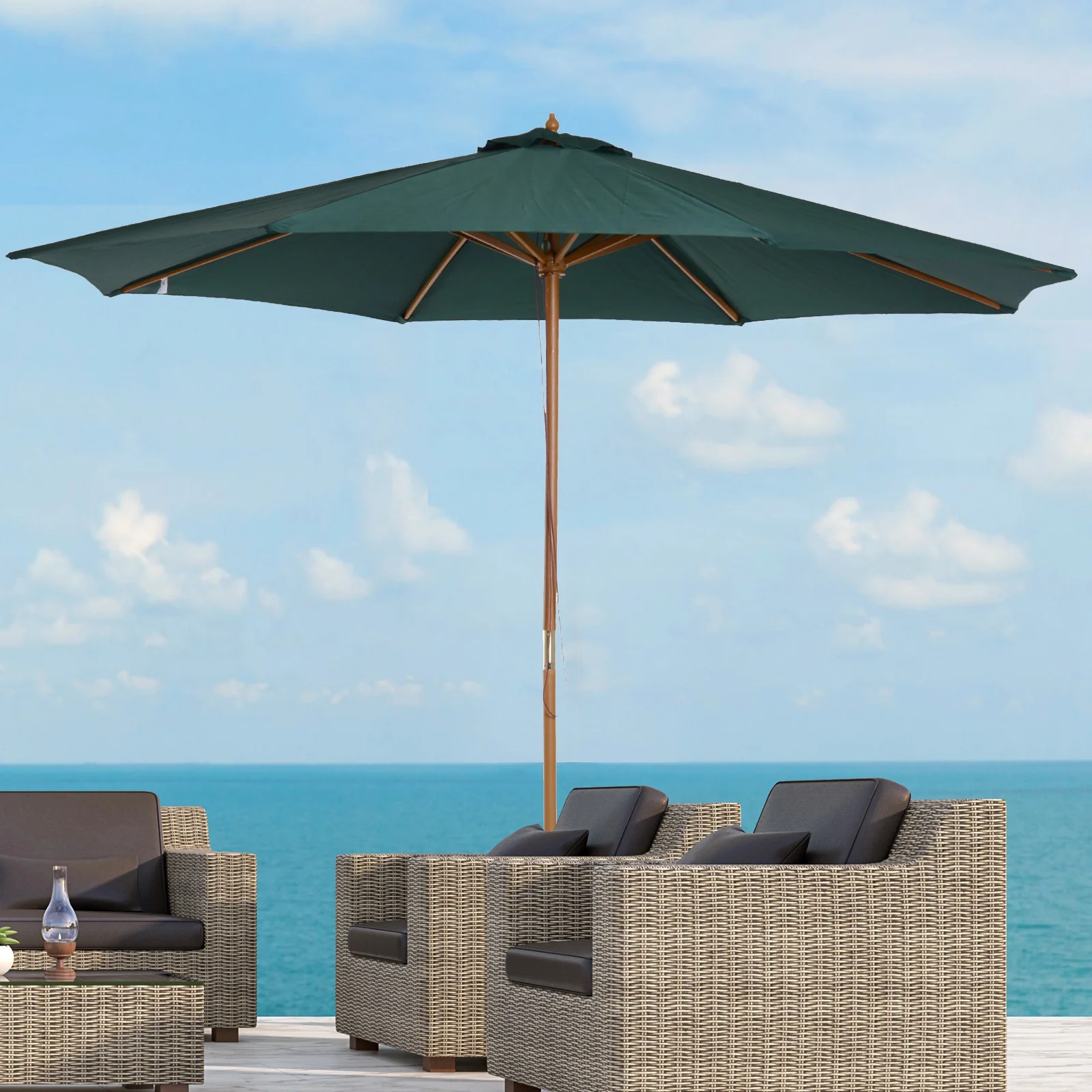 Outsunny Sombrilla Parasol Verde Diámetro 3m Madera Terraza Jardín Piscina - Image 2
