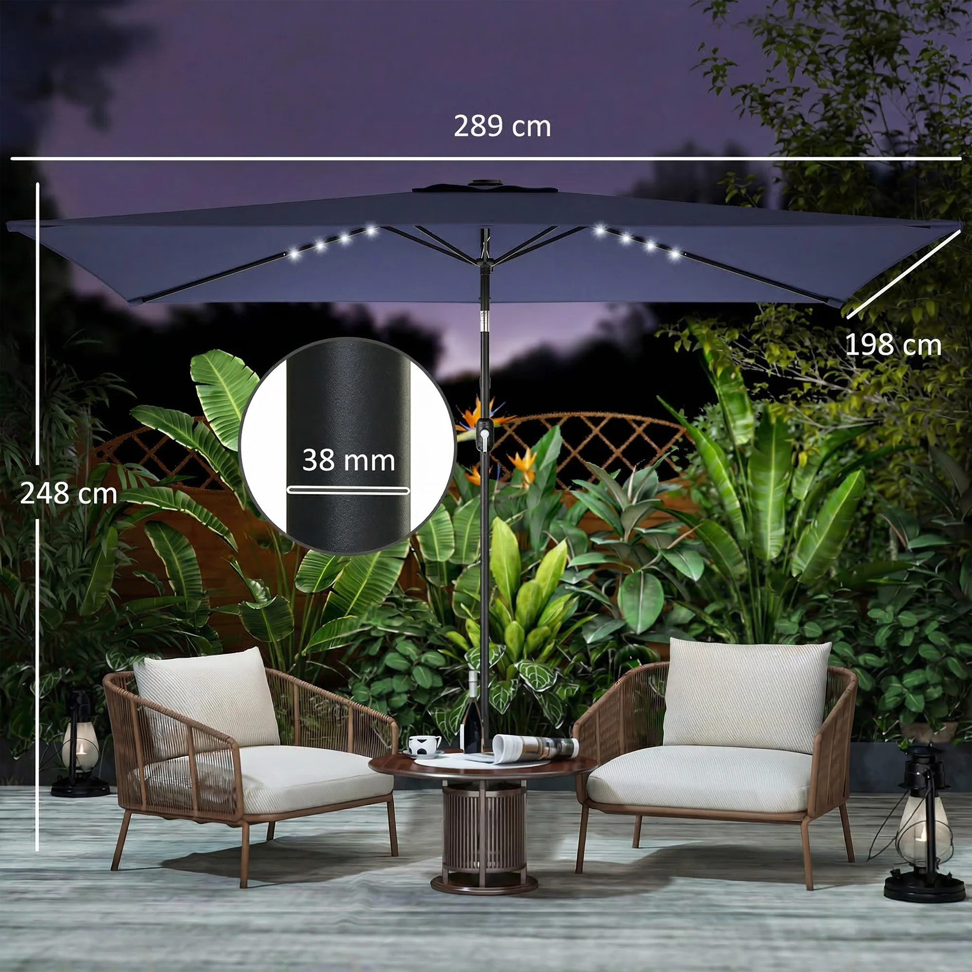 Outsunny Sombrilla Terraza Exterior Con 24 Luces Led Solares 2,9x2,5 M Azul - Image 3