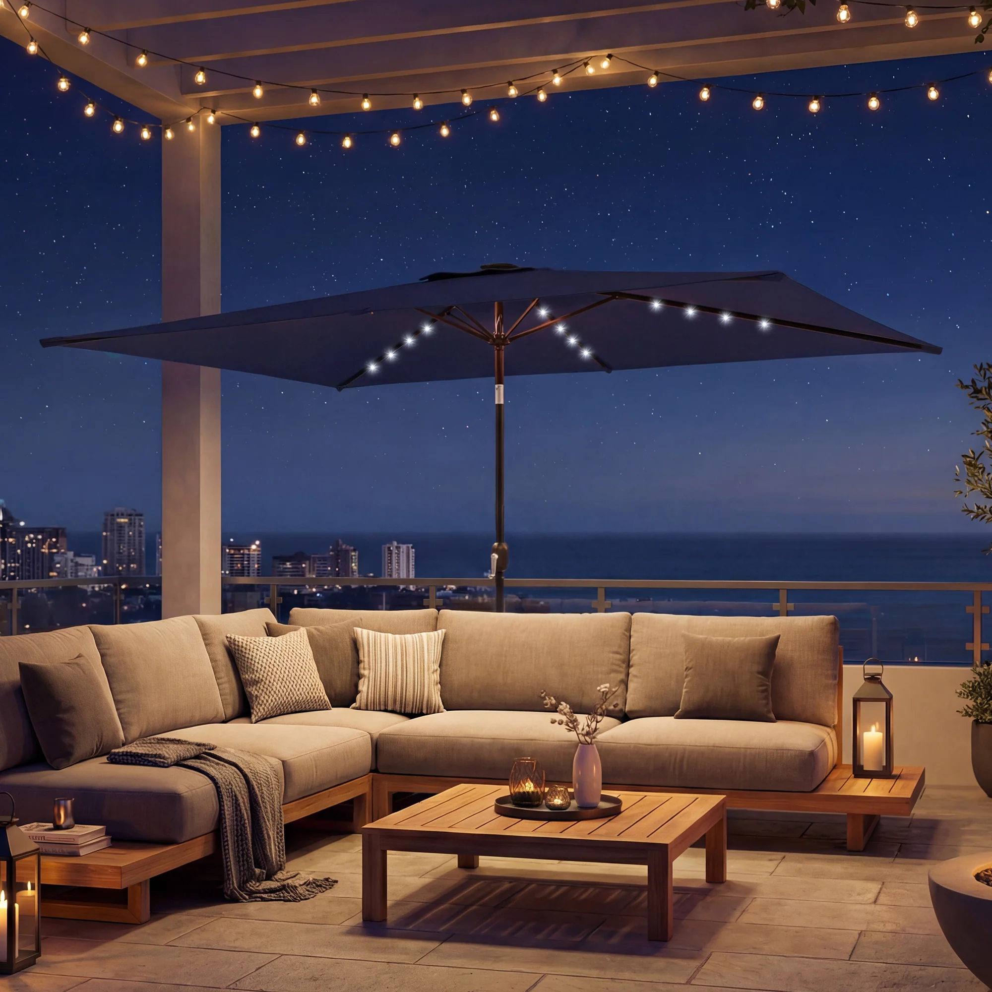 Outsunny Sombrilla Terraza Exterior Con 24 Luces Led Solares 2,9x2,5 M Azul - Image 5