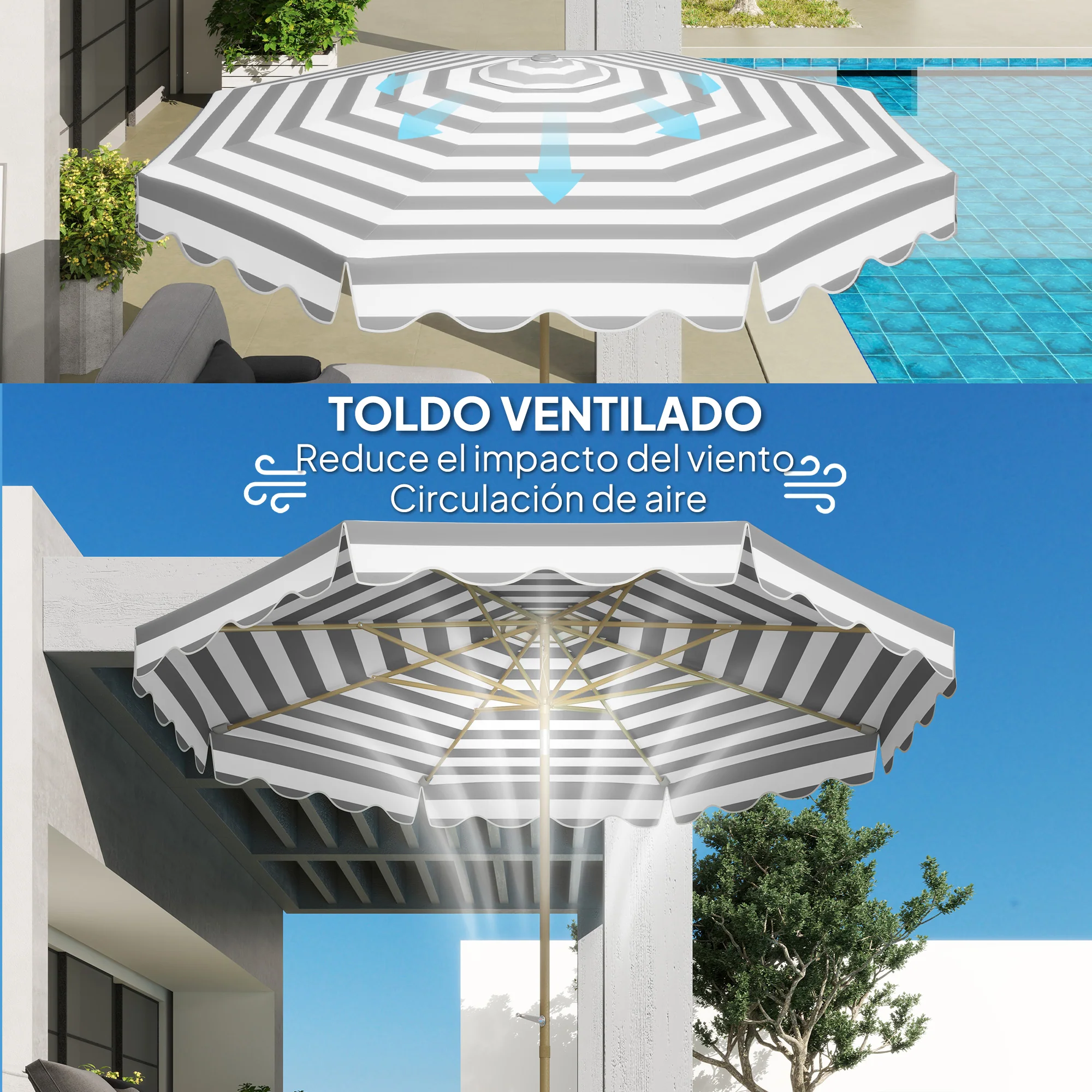 Outsunny Sombrilla Terraza Exterior Ø268 Cm Con Ángulo Inclinable Gris Y Blanco - Image 6
