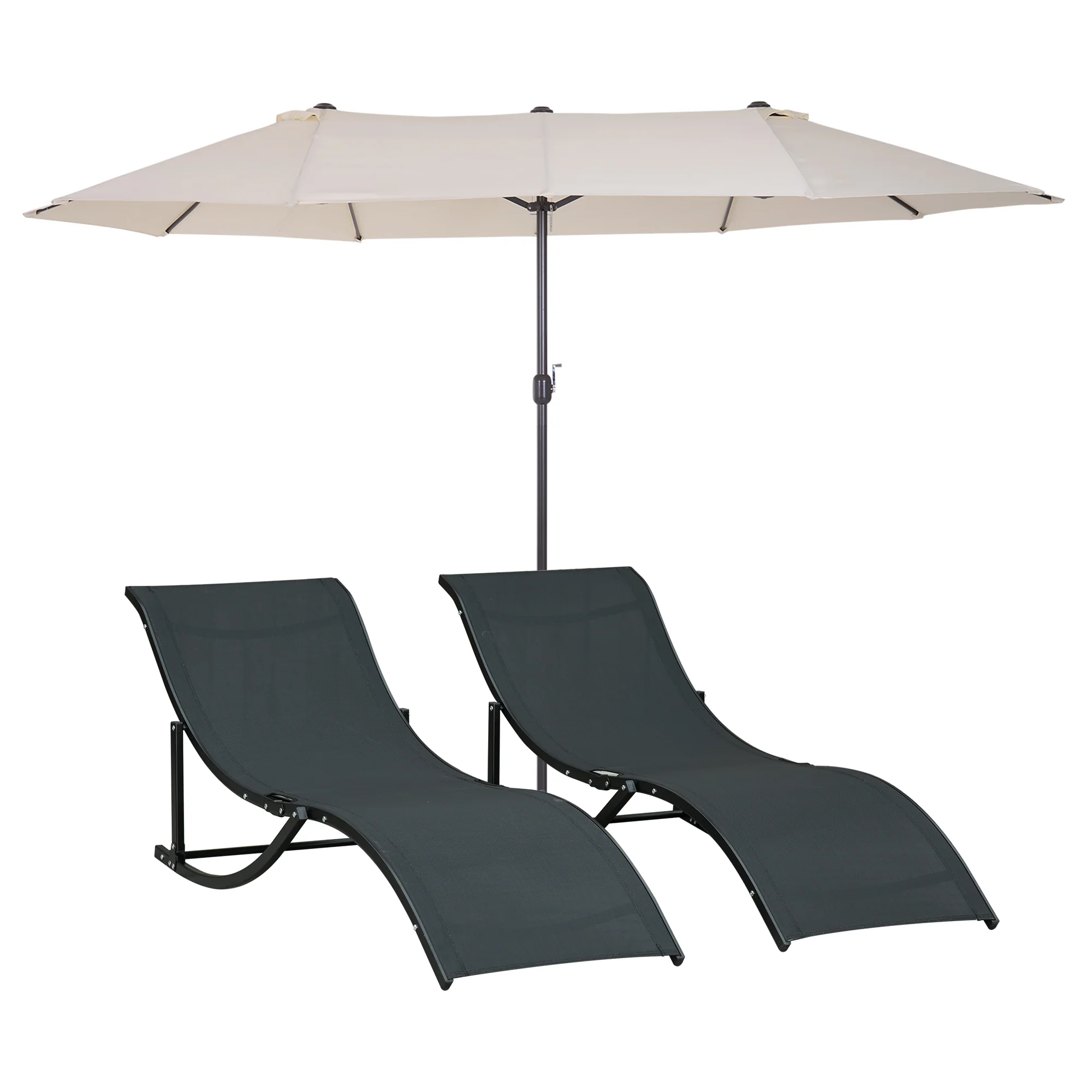 Outsunny Sombrilla Y 2 Tumbonas 4,55x2,65x2,38 M 165x61x63 Cm Beige Y Negro