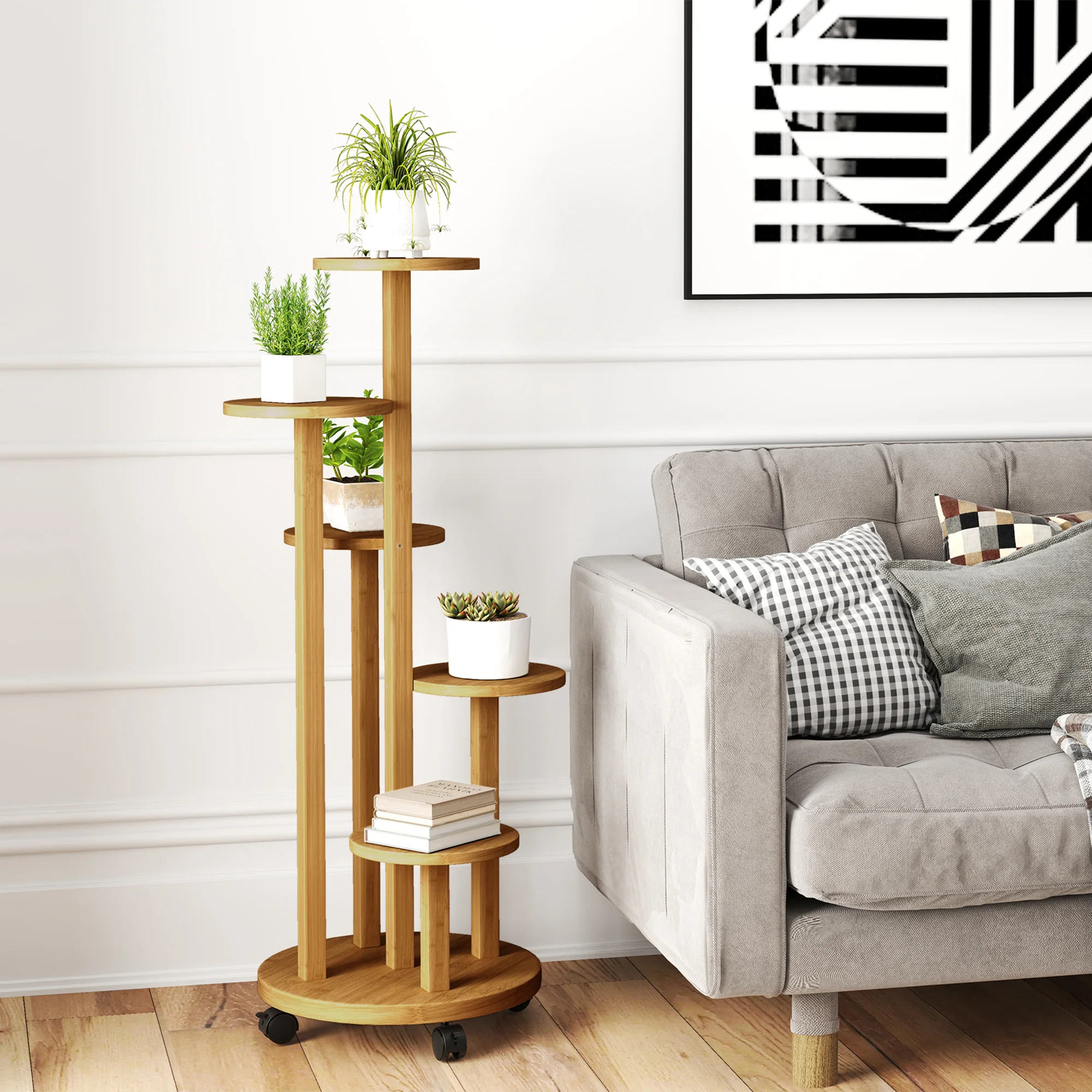 Outsunny Soporte Para Plantas De Bambú Con Ruedas 5 Niveles 33x33x90 Cm Natural - Image 2