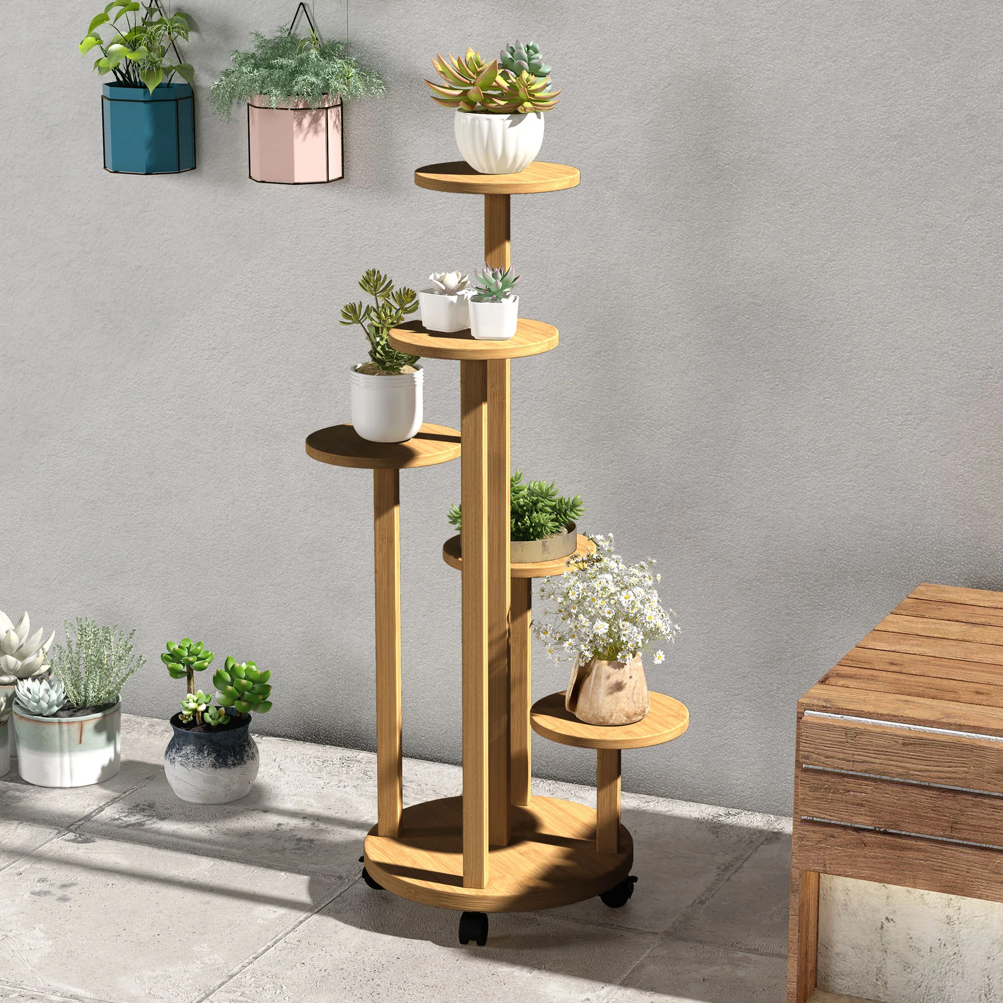 Outsunny Soporte Para Plantas De Bambú Con Ruedas 5 Niveles 33x33x90 Cm Natural - Image 4