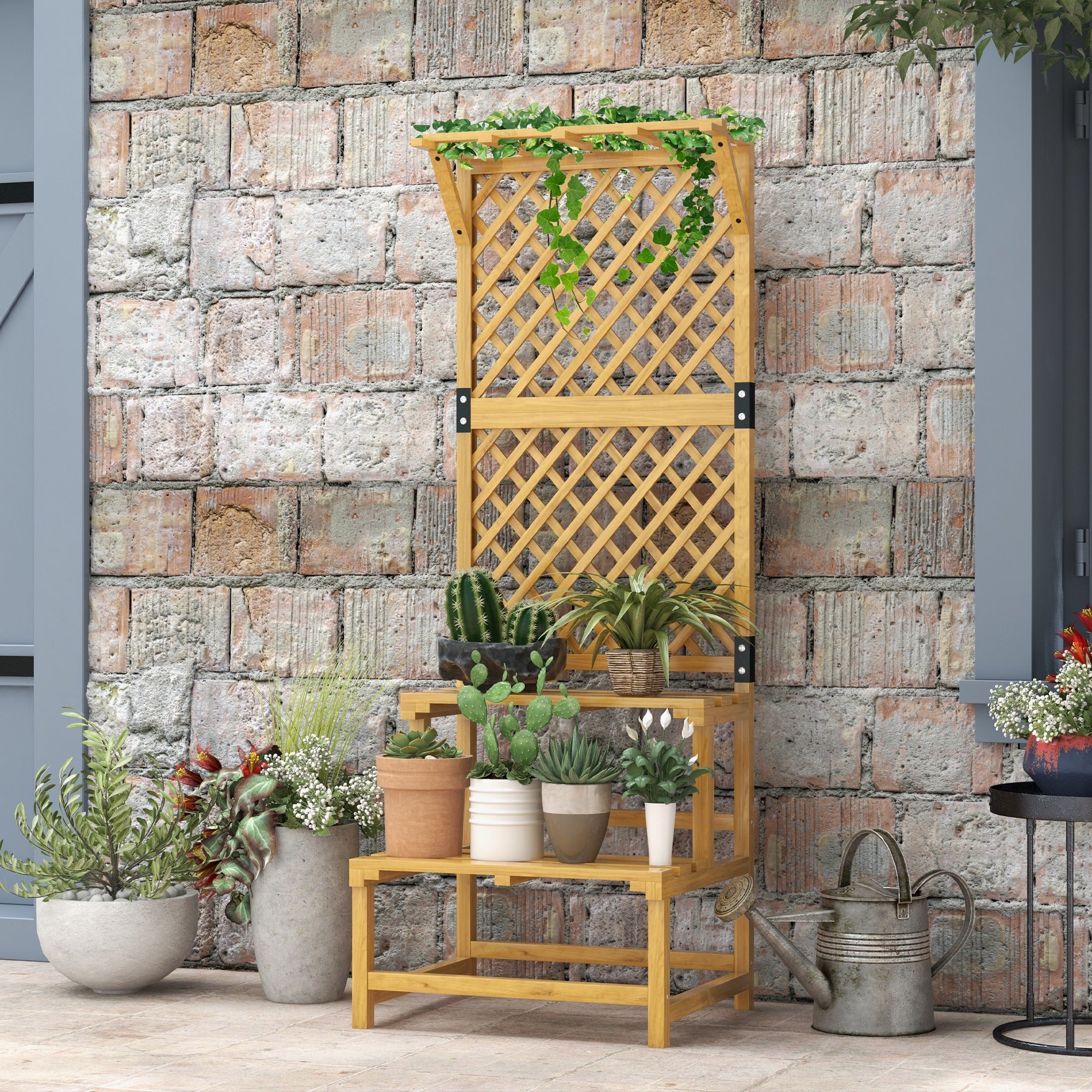 Outsunny Soporte Para Plantas De Madera De 2 Niveles Con Enrejado Natural - Image 2