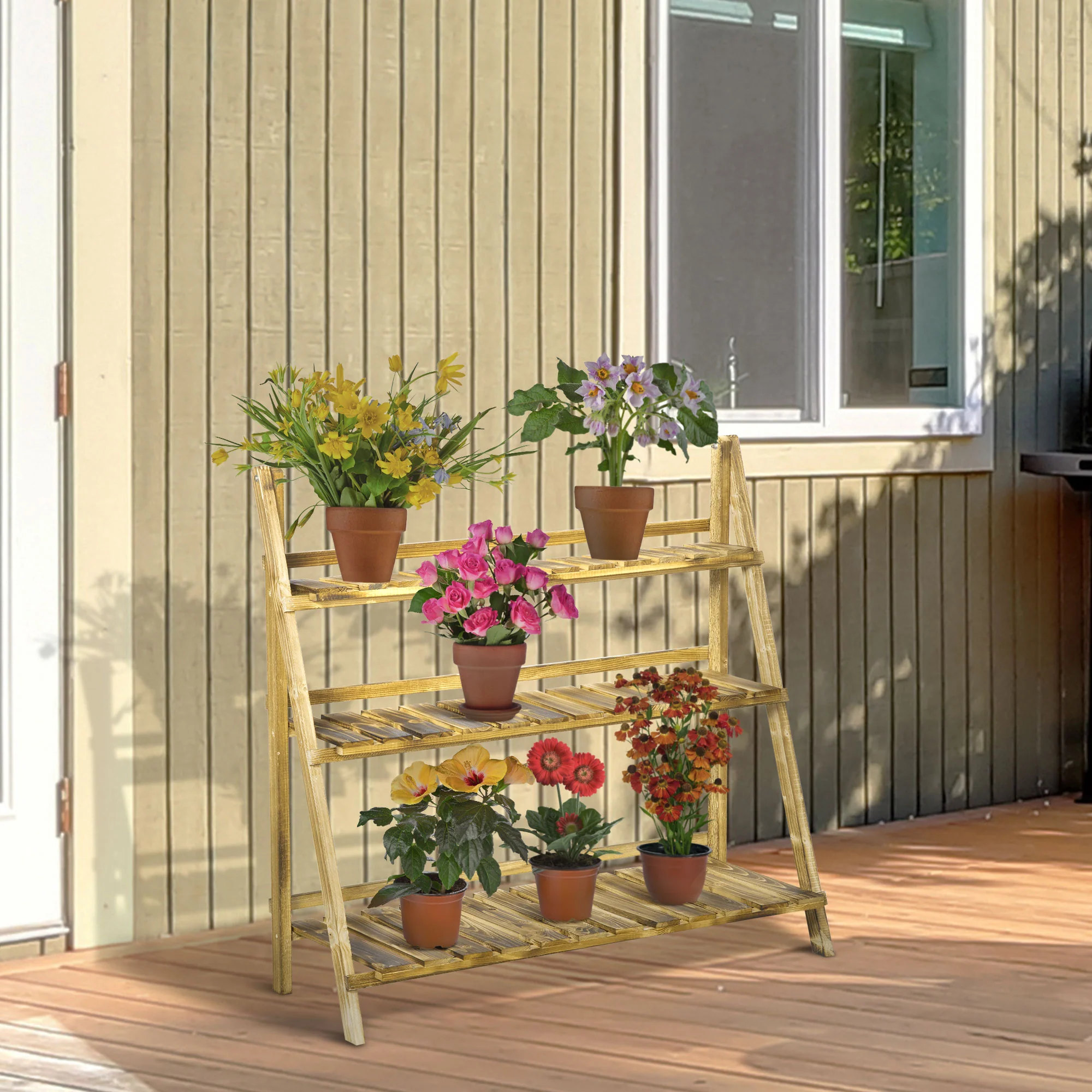 Outsunny Soporte Para Plantas De Madera De 3 Niveles 100x37x93 Cm Carbonizado - Image 2