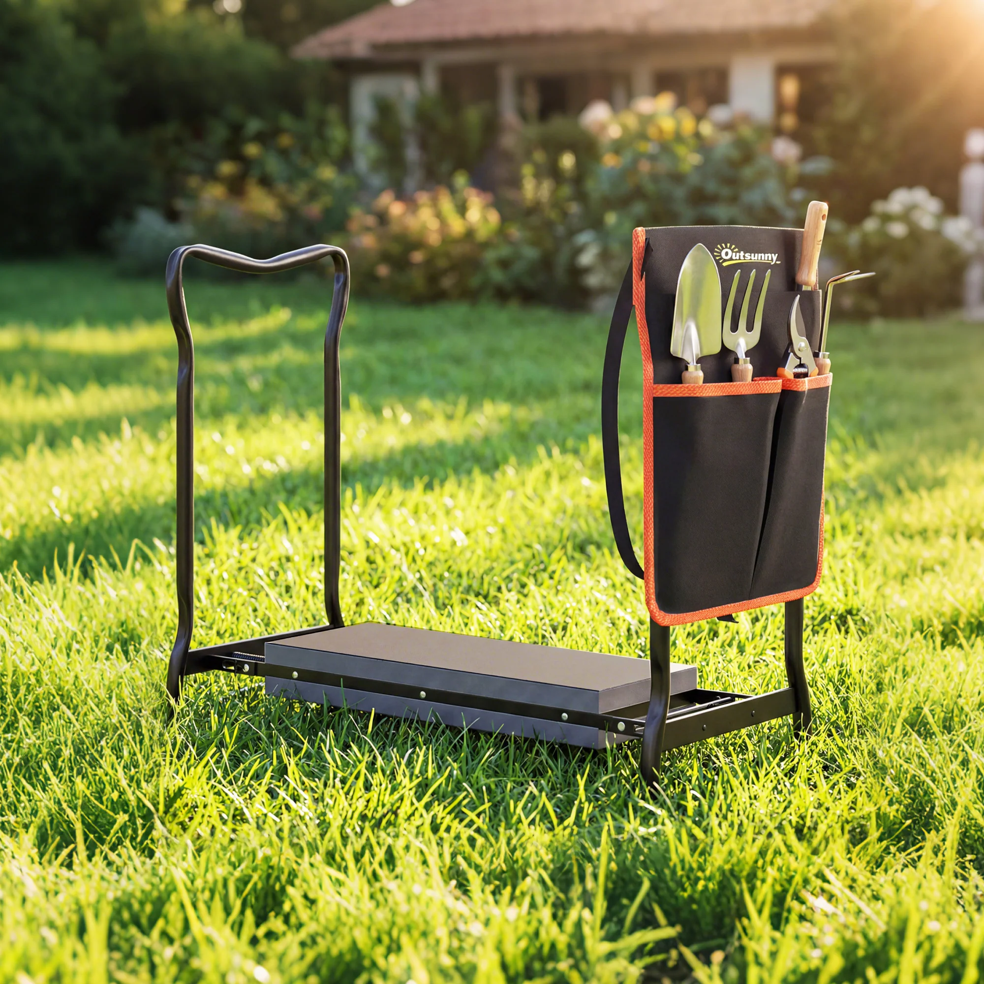 Outsunny Taburete De Jardín Plegable Con Bolsa De Herramientas Carga 150kg Negro - Image 2