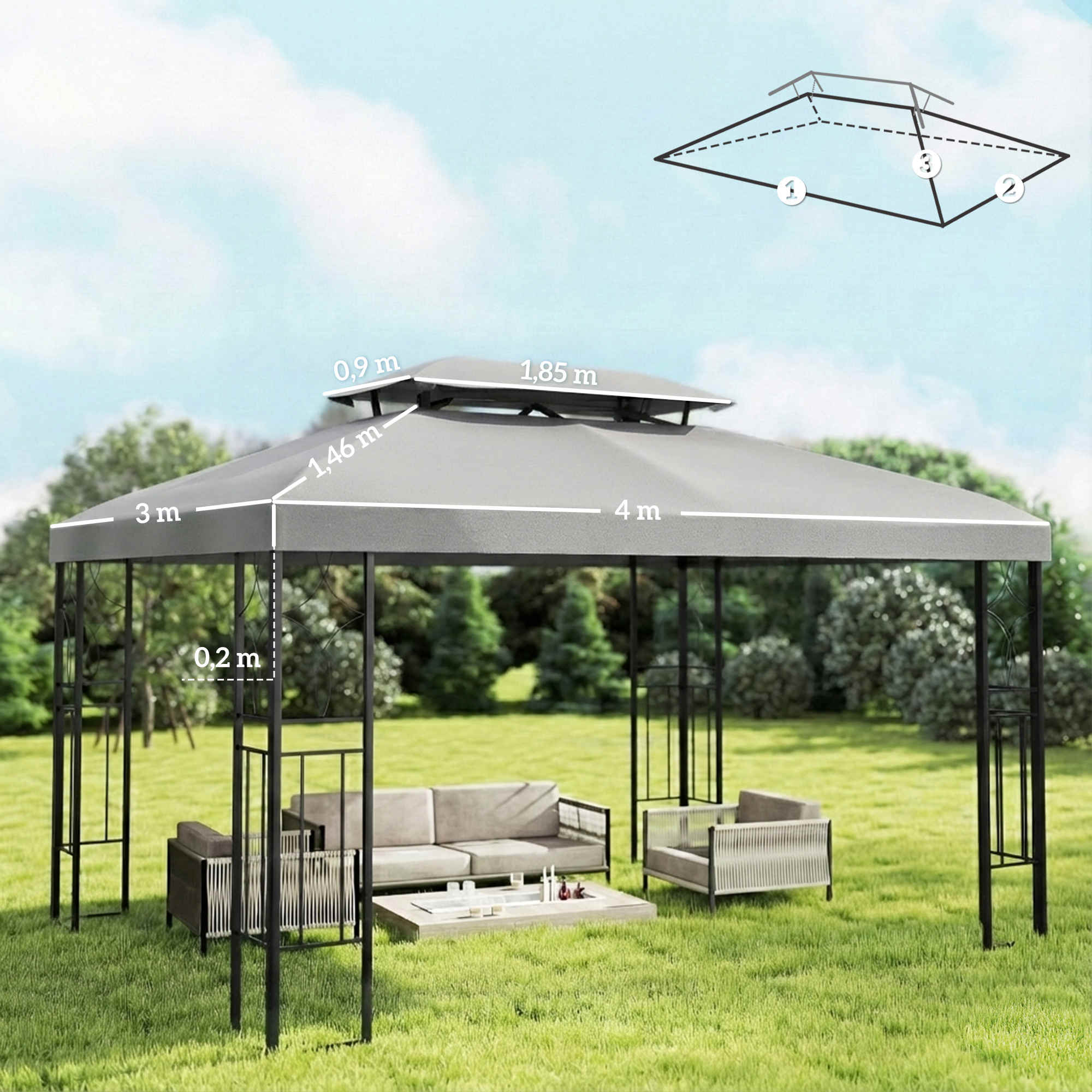 Outsunny Techo De Repuesto Para Cenador 4x3 M Con Techo Doble Anti-uv Gris Claro - Image 3