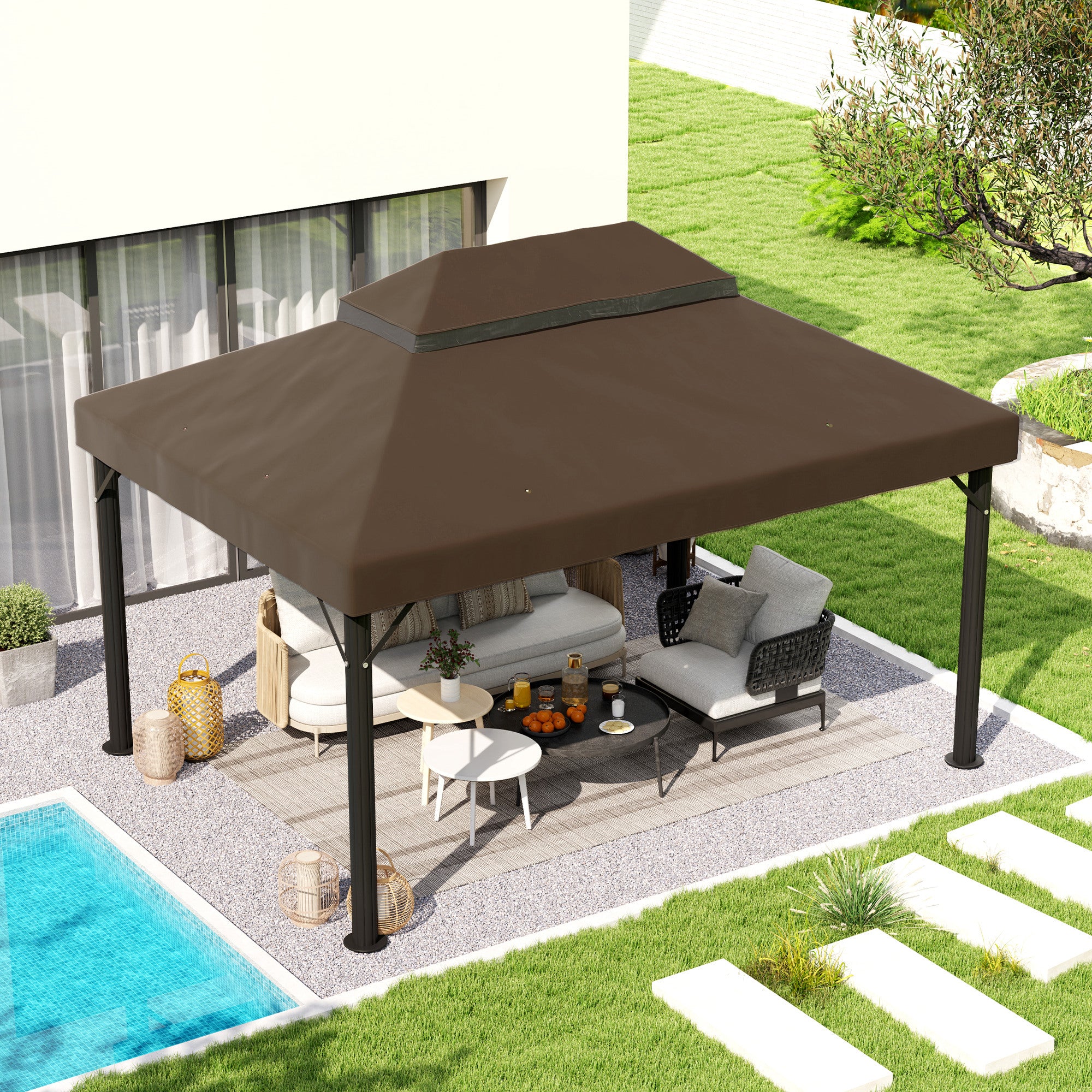 Outsunny Techo De Repuesto Para Cenador 4x3 M Con Techo Doble Café - Image 2
